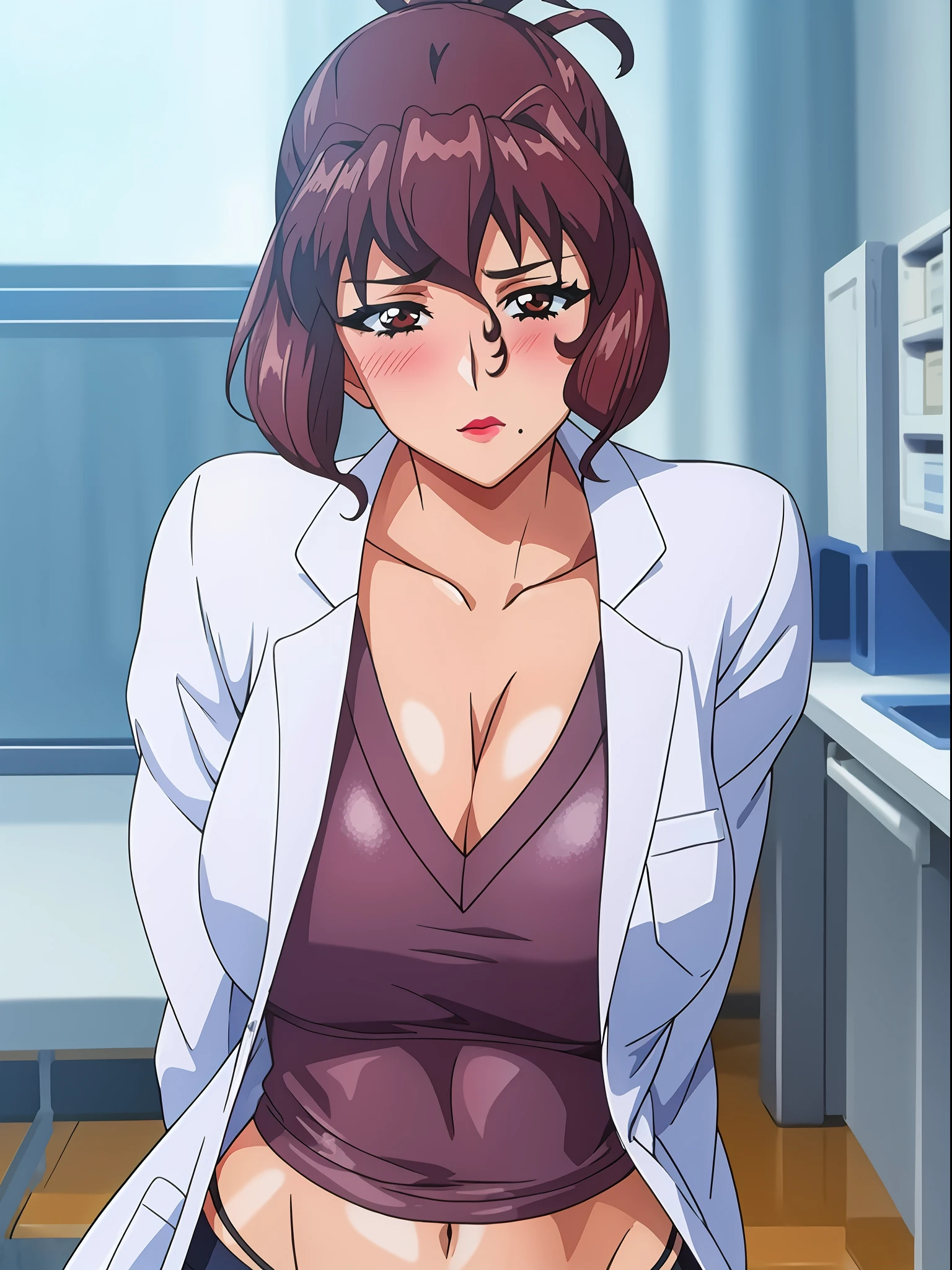 (beautiful hand:1.2), (masterpiece, best quality:1.3), Aiko Katsuragi, mature female, (half body shot:1.05), milf, 1girl, anime face, labcoat, makeup, large breasts, lipstick, brown eyes, folded ponytail, brown hair, cleavage, perfect body, (athletic body:1.3), perfect eyes, perfect retina, anime eyes, eyeliner, eyeshadow, perfect face, (caring look:1.1), look at viewer, blush, high sharpness, sharp focus, medical room, professional artwork, intricate details, vivid colors, Diffused lighting, digital blending, ultra detailed body, ultra detailed hair, ultra detailed face, trending on pixiv