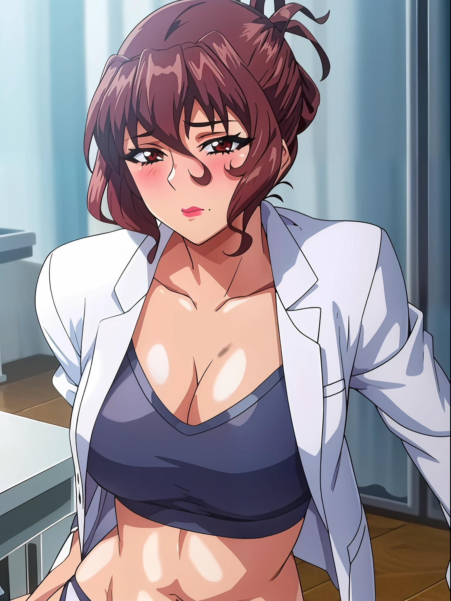 (beautiful hand:1.2), (masterpiece, best quality:1.3), Aiko Katsuragi, mature female, (half body shot:1.05), milf, 1girl, anime face, labcoat, makeup, large breasts, lipstick, brown eyes, folded ponytail, brown hair, cleavage, perfect body, (athletic body:1.3), perfect eyes, perfect retina, anime eyes, eyeliner, eyeshadow, perfect face, (caring look:1.1), look at viewer, blush, high sharpness, sharp focus, medical room, professional artwork, intricate details, vivid colors, Diffused lighting, digital blending, ultra detailed body, ultra detailed hair, ultra detailed face, trending on pixiv