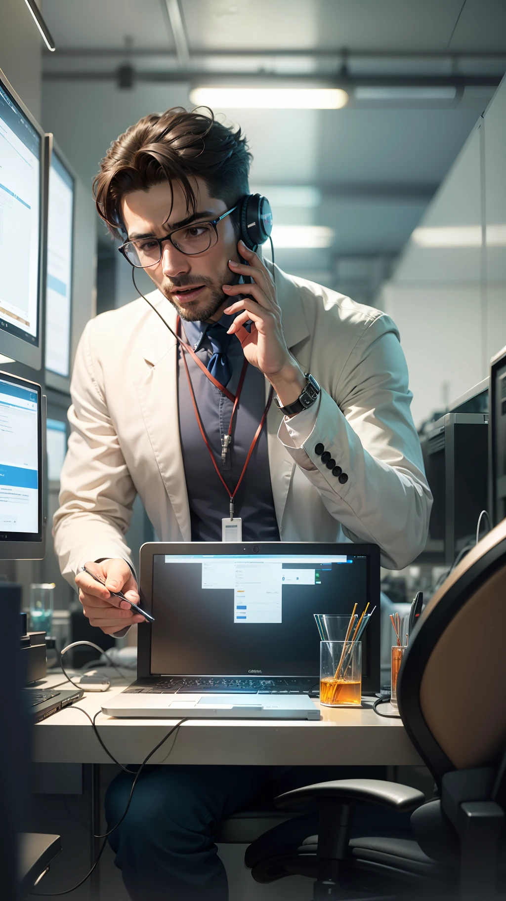 A man talking on phone, in a lab of computers.