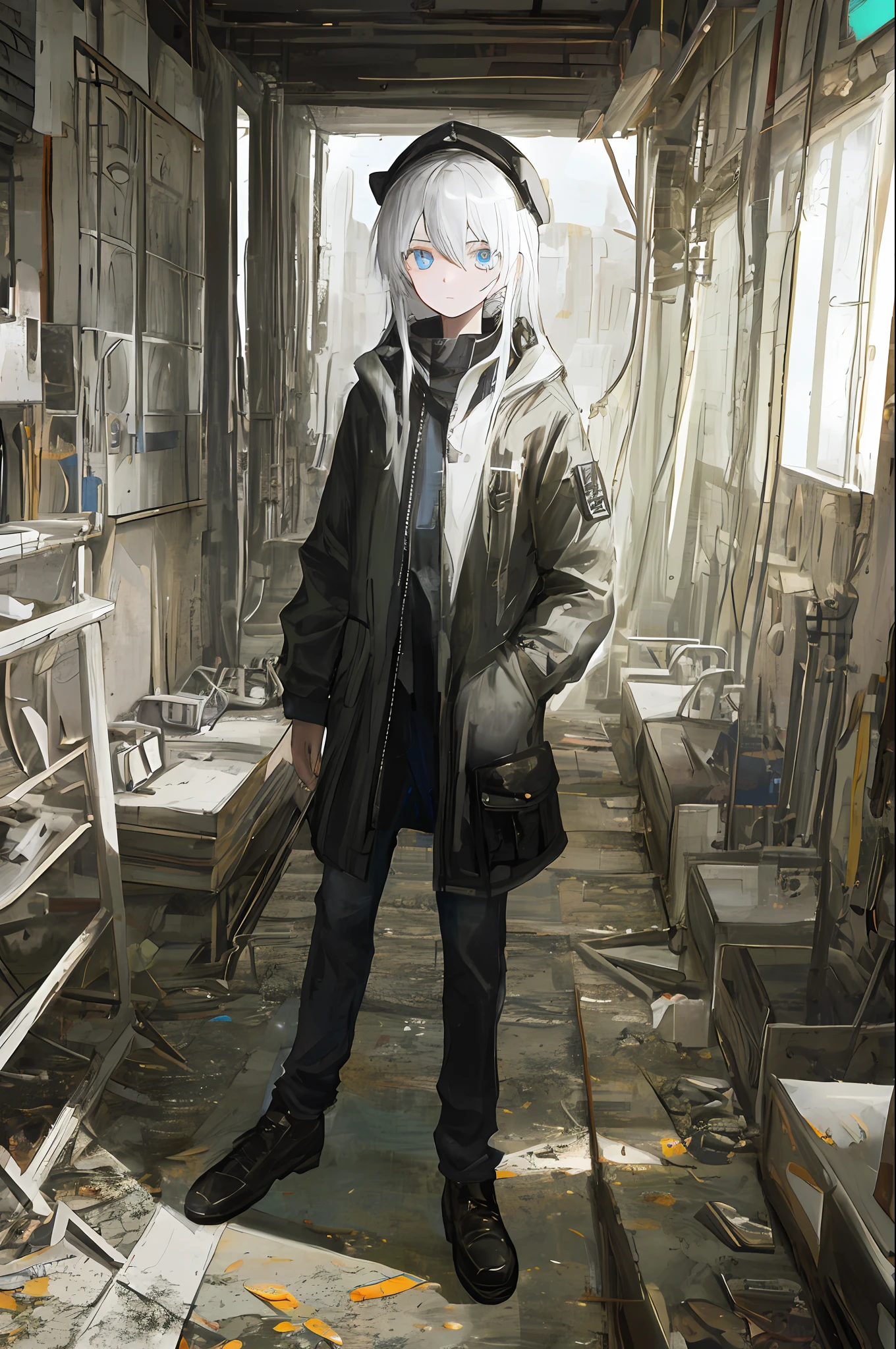 masterpiece, top-quality, ultra-detailliert, illustratio,Have beautiful eyes, abandoned factory,Cold Face, (looking at the viewers), bright white hair, natta,Moonlight, beautidful eyes