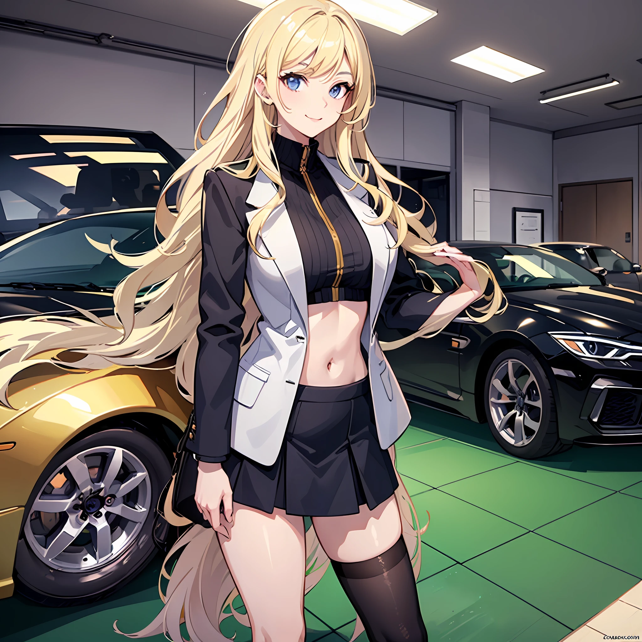 1girll,(Long fluffy blonde hair:1.6),Business suit,Skirt that wraps hips,black long socks,Mature and beautiful,Stand in a luxury garage,Light smile,Behind him is a sports car,looking at viewert,Ultra-detailed CG,Exquisite facial features,Clear facial expressions,Detailed digital anime art,Digital anime art,High quality anime art style