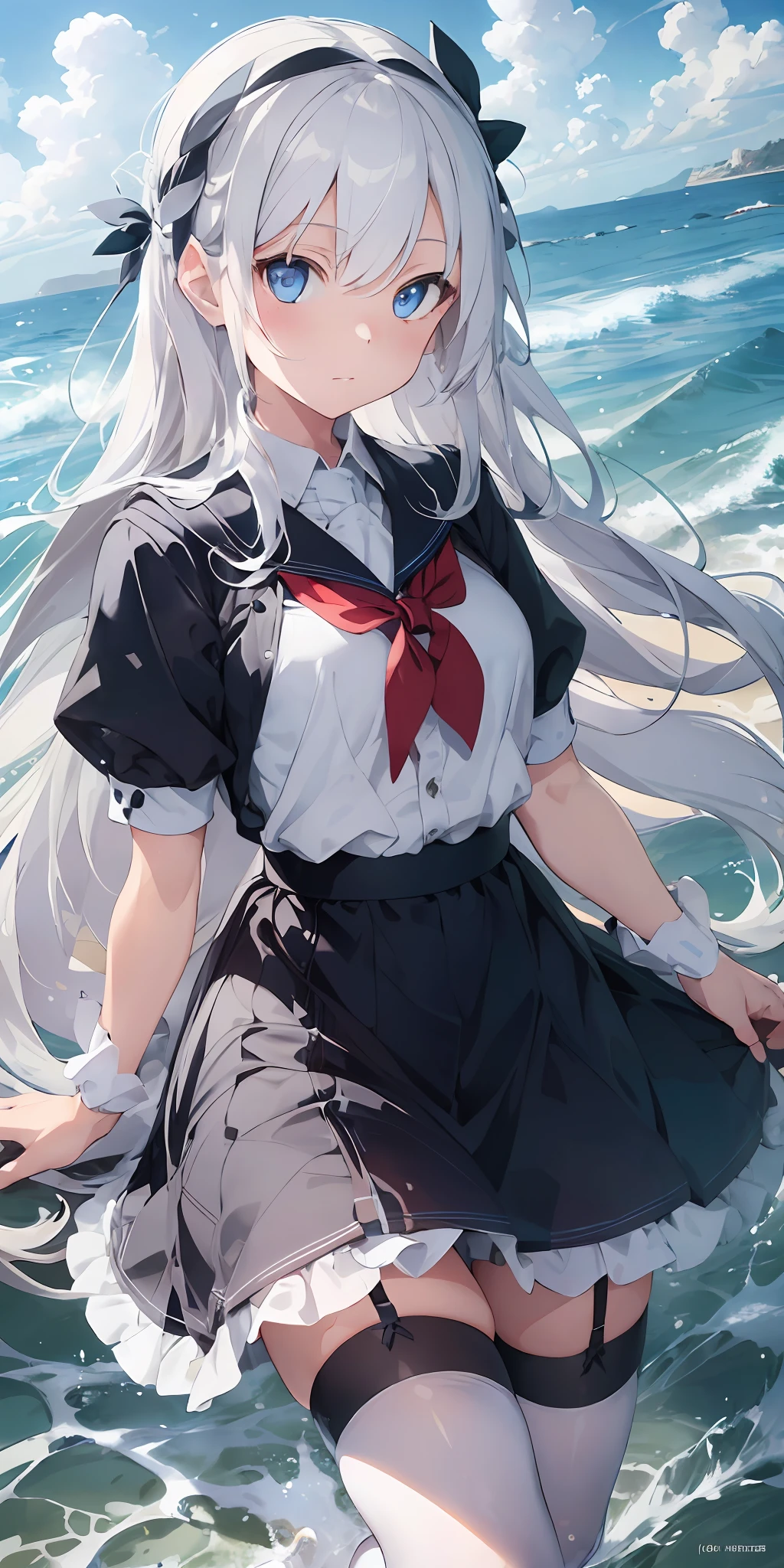 1girl, beautiful detailed eyes, long white hair, light blue eyes, school uniform, high white stocking, lustrous skin, seaside, beach, waves, high contrast, ((masterpiece, best quality))
