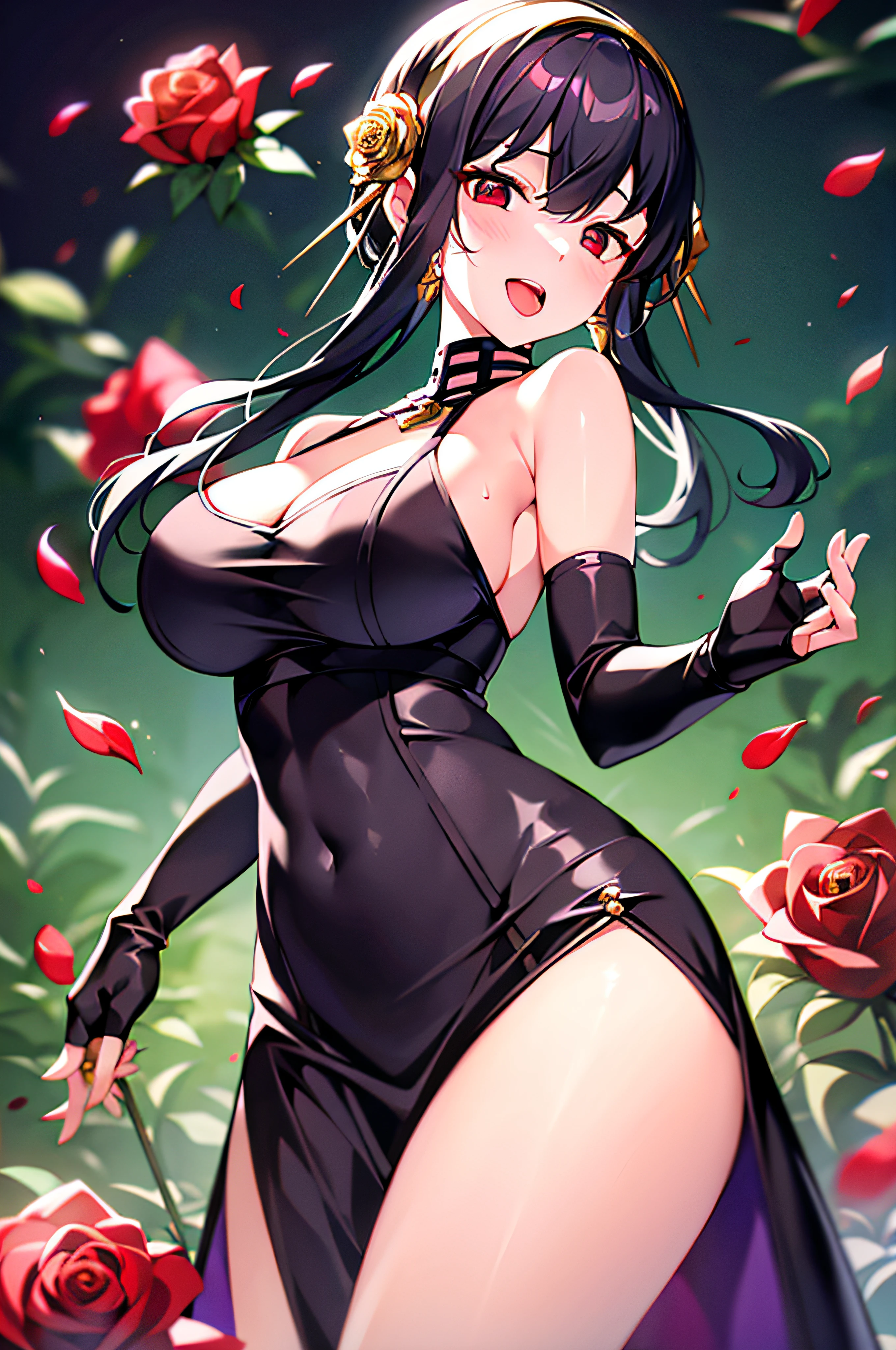 Yorbrier、1girl in, in backlight, bare shoulders, black backgrounds, Black Dress, Black Gloves, Dark hair, Yogurt on the face, A large amount of yogurt in cleavage, sticking out the tongue, doress, 耳环, Fingerless gloves, floting hair, with floral pattern, with floral pattern, florals, gloves, Gold Earrings, Gold Hair Band, flower in hair, hair adornments, shairband, ngel, jewely, large full breasts, light particules, length hair, looking at the viewers, Off shoulder dress、off shoulders、flower petals、red eyes、roses、Rose petals、Rose print、short hair with long locks、side locks、独奏、spikes、thighs thighs thighs thighs、two-sided dress、two-sided fabric、、((masterpiece))