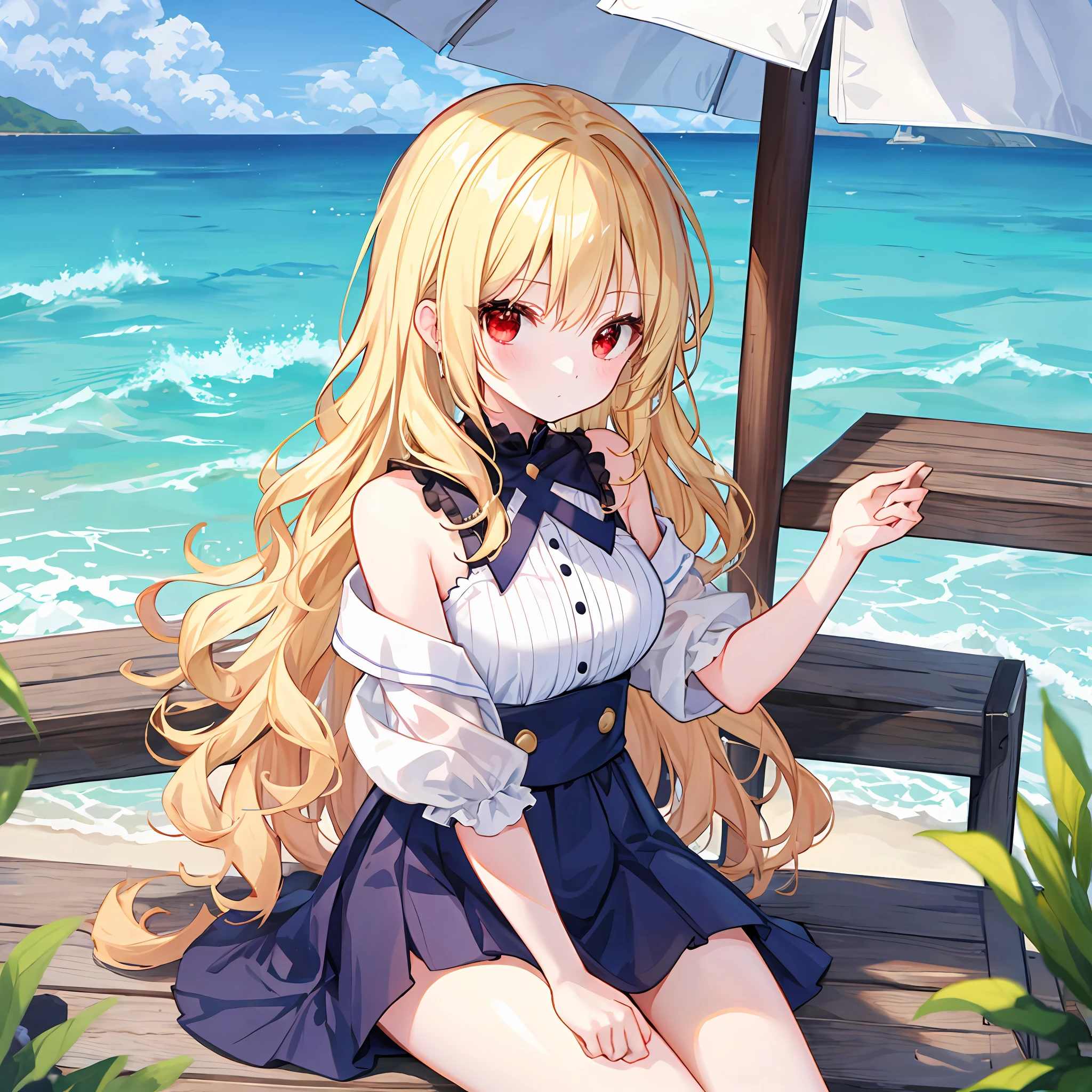 One wavy blonde girl、独奏、red eyes、doress、off shoulders、suns、sea side、sitting on