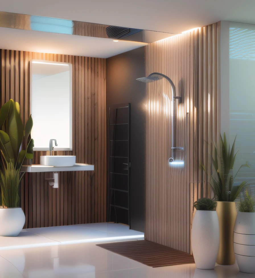 a rendering of a bathroom with sink, espelho, chuveiro, e vasos de plantas, parede em madeira ripada, External Area. Detailed rendering, conceitual, arredores detalhados, detailed render, design de banheiro premium, digital render, 2 d render, conceptual rendering, 3 d renders, Casa Conceito, detailed renderings, sketch - up, detailed 3d render, detailed 3d render, projeto residencial, design ao ar livre, vue 3d render
