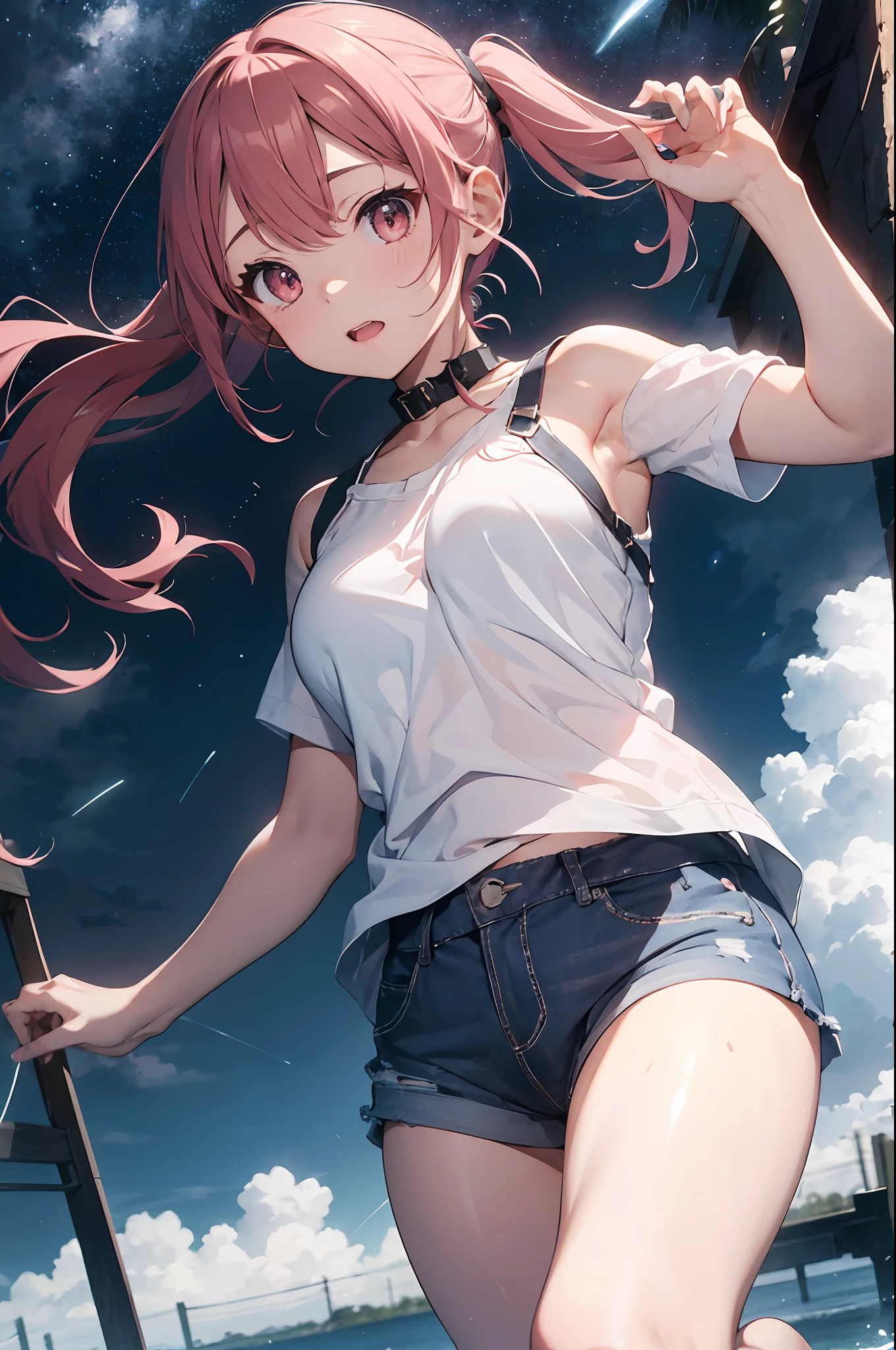 （mideum breasts、tomgirl、）、（the perfect body：1.1）、（hair wavy：1.2）、(Pink hair)、(Very long hair)、(Twin-tailed)、（(confident facial expression)）、reddish brown、collars、chain、FULL BODYSHOT、natta、Above a high-rise building、neons、Night view below、White tank top、Underwear is sheer、jean jacket、（Shorts）、（Very elaborate CG 8K wallpapers）、（extremely delicate and beautiful）、（​masterpiece）、（top-quality）:1.0)、(超A high resolution:1.0)、beautiful  lighting、perfect lightning bolt、realistic shadow、[hight resolution]、detailed skins、ultra-detailliert ((colourfull))、