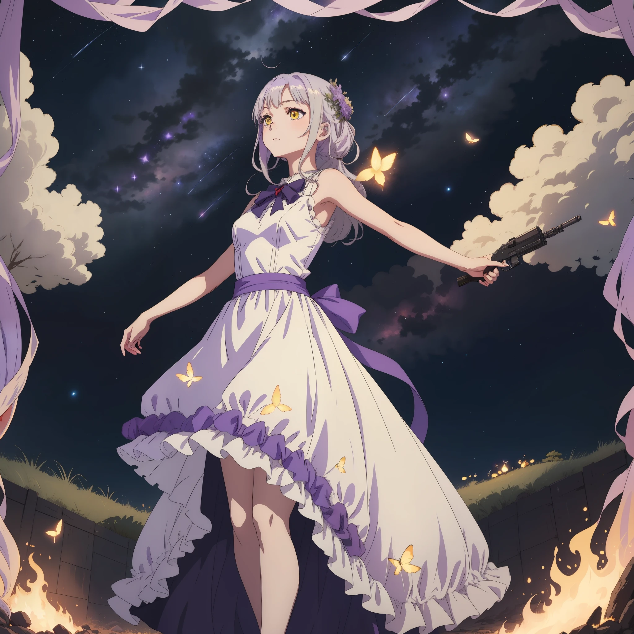 Silver haired anime girl with bright yellow eyes wearing sleeveless pale lavender tule net fluffy dress under starry sky with shooting stars standing alone by herself surrounded by fireflies