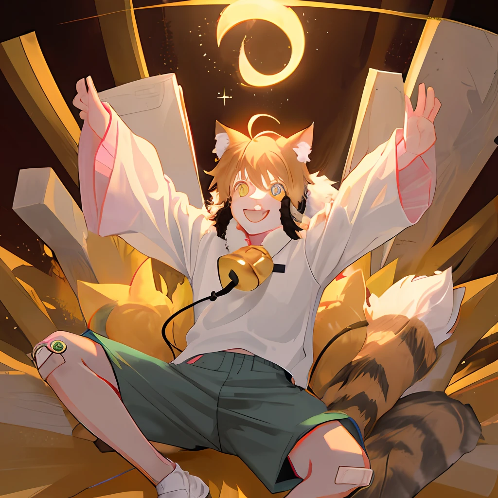 bandaid, spread legs, ahoge, furry, open mouth, Juvenile, bandaid, ahoge, Children with bells and headphones, furry, open mouth, Big fluffy tail, An eight-year-old boy, Not a spot on the whole body:2.0, Yellow cat ears and brown antlers:1.3, Meat Pad Pink, Gray shorts:1.5, White shirt:1.5, The size of the cat, Juvenile, Skinny body type, 1boy:1.4, jw3, cat boy, furry:1.5, cub, `ultra cute face, full body:1.1, perfect lighting, masterpiece, ultra detailed, White clothes, looking at viewer, ultra detailed fur, backlighting