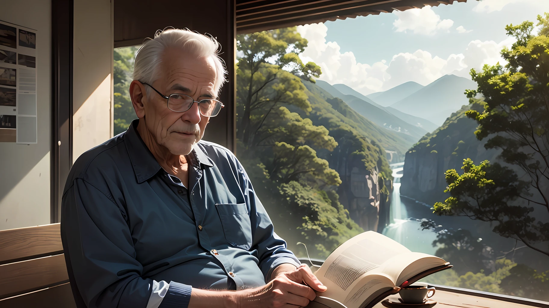 A picture of an old man with a book in his hand reading, em uma paisagem urbana maravilhosa com luz natural no fundo realista --auto