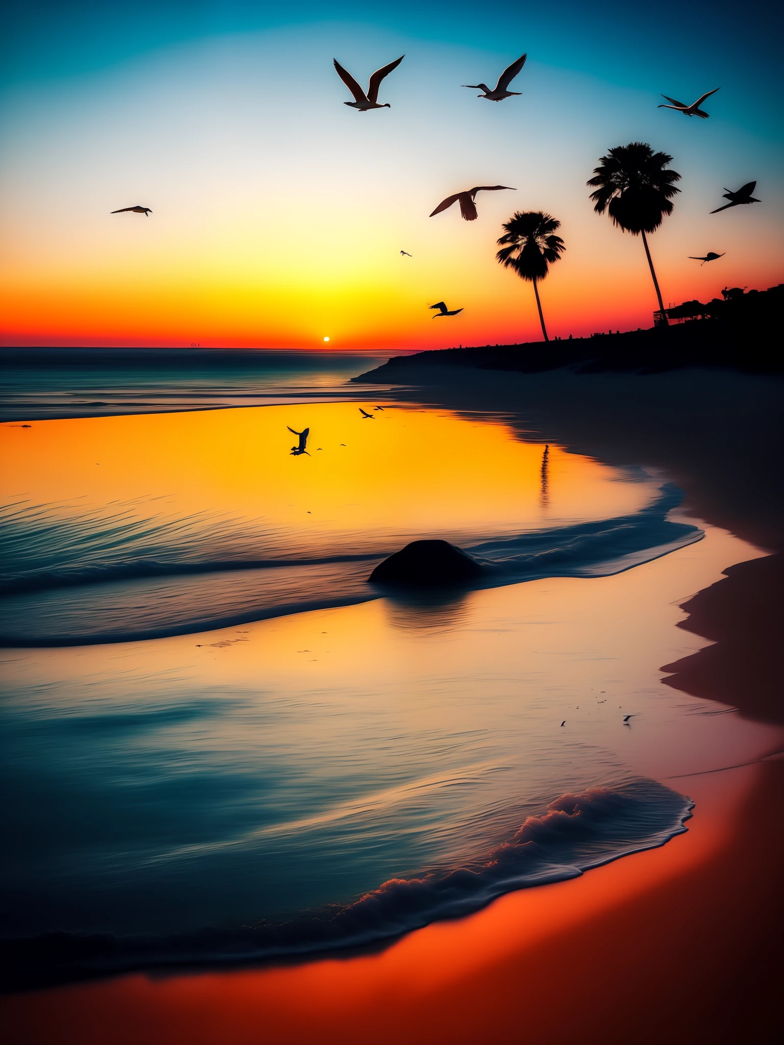 Absolutely mesmerizing sunset on the beach,The sky is mixed with orange、Pink and yellow。The water is crystal clear,Kissing the shore tenderly,The white sand is boundless。The scene is full of movement,breath-taking,Seagulls soar high in the air,Palm trees sway gently。Immerse yourself in a calm atmosphere,Let the tranquil surroundings surround you。realistic scene