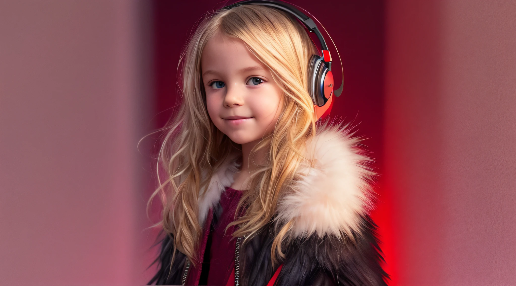 GIRL CHILD , RUSSIAN STYLE BLONDE HEADPHONES, BLACK FUR COAT, MESSY SHOULDER LENGTH BLONDE HAIR, RED BACKGROUND, BROWN EYES, HAPPY, CLEAN DETAILED FACES, INTRACATE CLOTHES, ANALOGOUS COLORS, BRIGHT SHADOWS, BEAUTIFUL GRADIENT, DEPTH OF FIELD, CLEAN IMAGE, HIGH QUALITY, HIGH DETAIL, HIGH DEFINITION, LUMINOUS STUDIO GRAPHICS ENGINE, BEAUTIFUL FACE