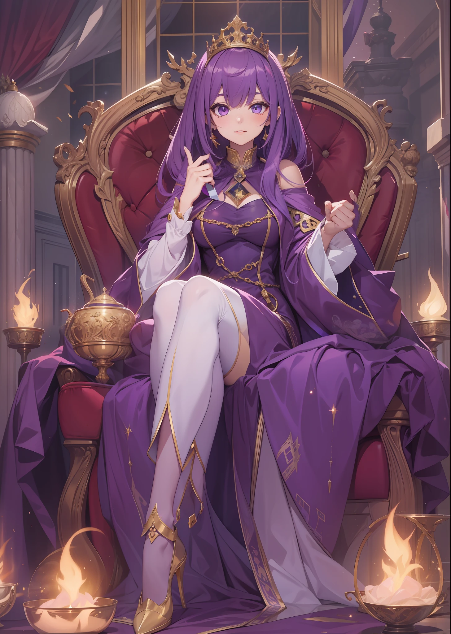 teens girl，the witch，a throne，Purple hair big breasts，long whitr hair，purple robes，Flashy clothes，Gold collar，Royal sister，stocklings，red high heel pumps，looking down on the camera，sitting on an royal throne，Drinking tea，ssmile，style of anime，the night，high qulity，tmasterpiece，detail-rich，k hd，Animation style