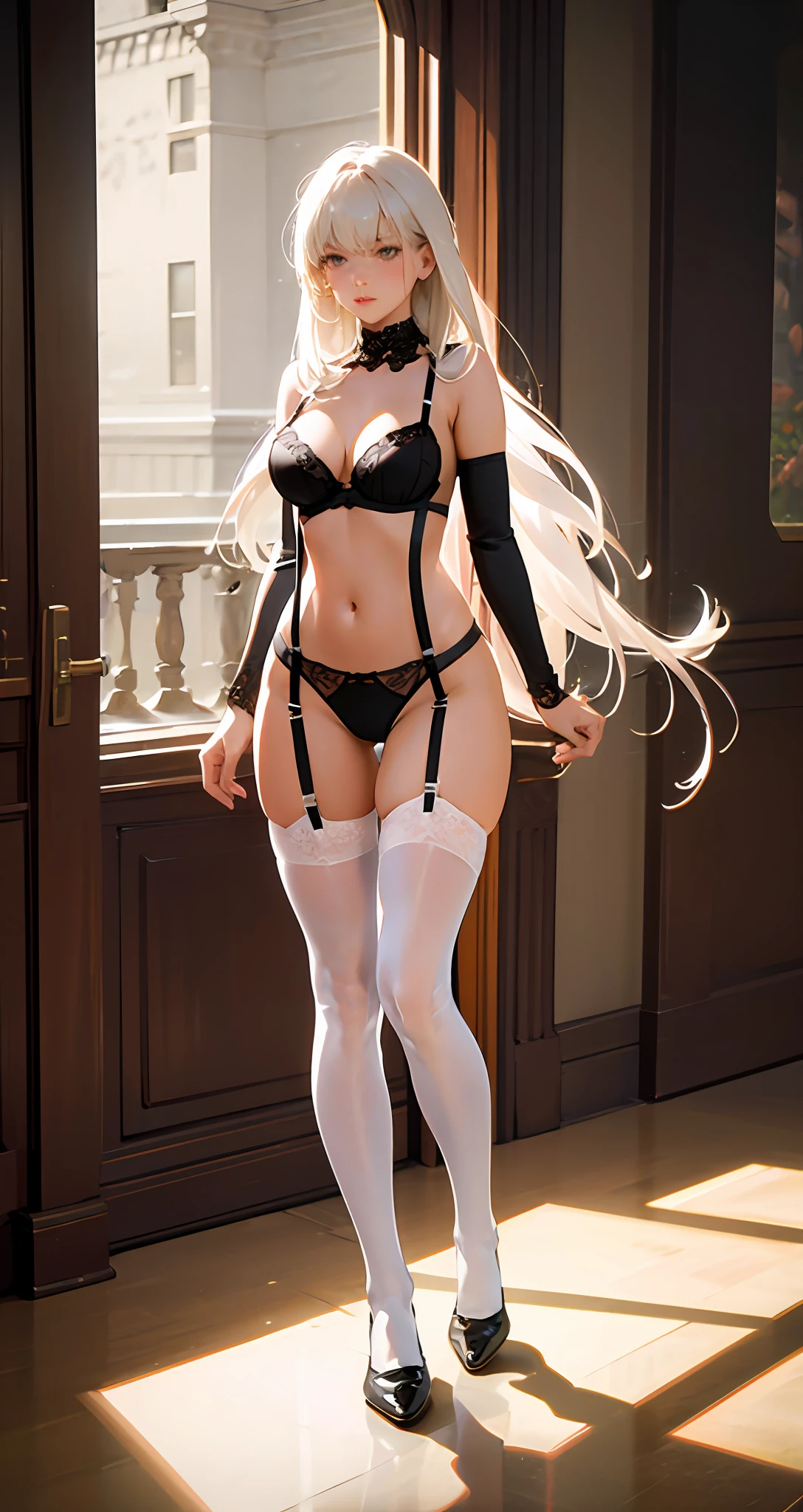 Long hair white suspender stockings erotic lingerie full body photo big breasts