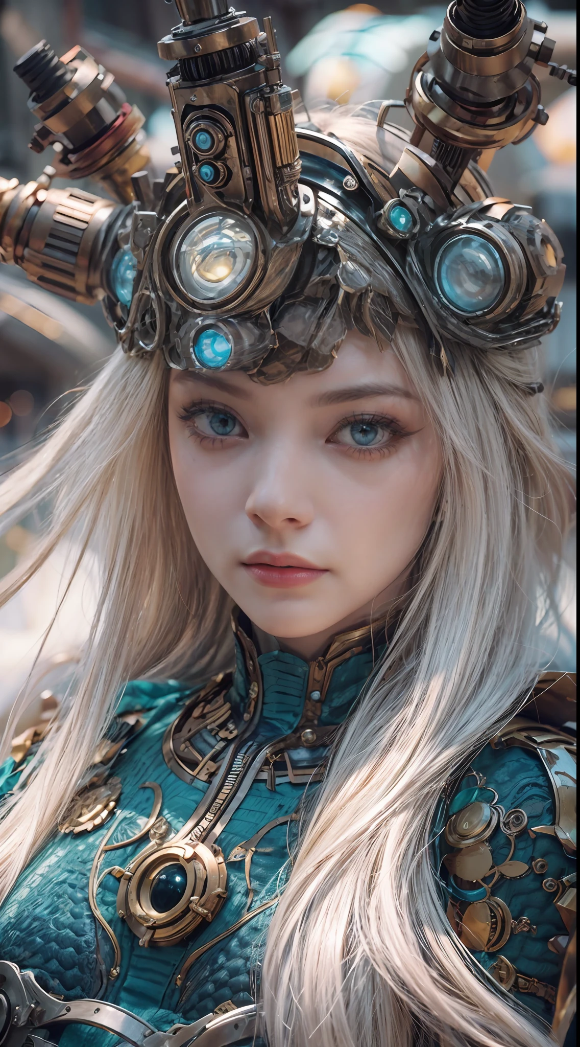 panorama, full body, best quality, masterpiece, super high resolution, (realism:1.4), absurdity, cinema lights, (best vista photos of mechanical girls), ((glow)), (blue dragon pattern on clothes), blonde, long hair, blue eyes, smile, delicate headdress, extremely detailed face, surrealism, steampunk, intricate design, extremely detailed, exquisite detail, HDR (high dynamic range), ray tracing, Unreal 5, subsurface scattering, PBR texture, post-processing, Anisotropic Filtering, Depth of Field, Maximum Sharpness and Acutance, Multi-layer Textures, Albedo and Highlight Maps, Surface Shading, Accurate Simulation of Light-Material Interactions, Perfect Proportions, Octane Rendering, Duotone Illumination, Low ISO, White Balance, Rule of Thirds, Wide Aperture, 8K RAW, High Efficiency Subpixels, Subpixel Convolution, Luminescent Particles, Light Scattering, Tyndall Effect