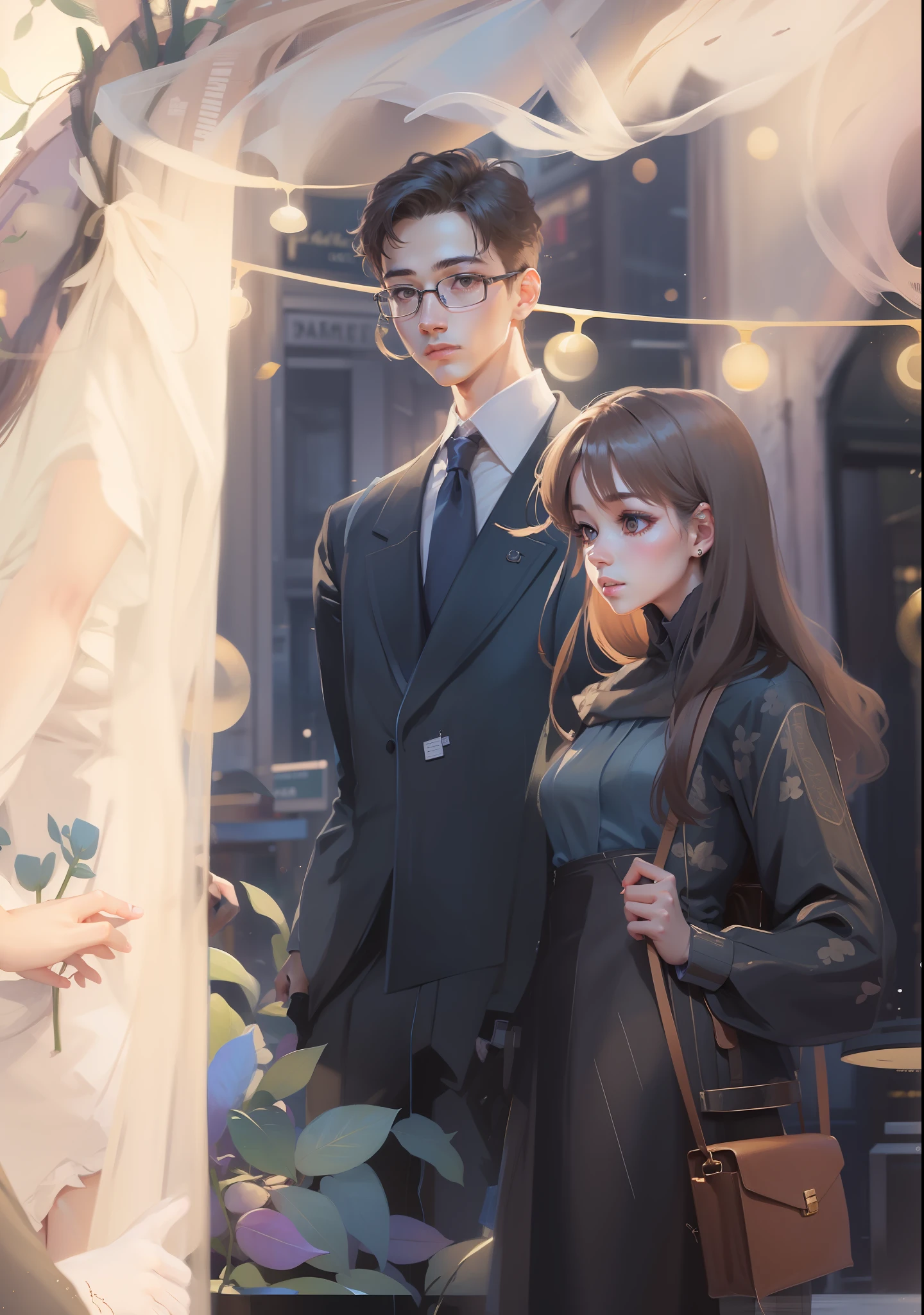 The boy looked at the girl tenderly,Business suit,tiese,eye glass,The girl is gentle and beautiful,long skirt,Manteau,satchel,On the street at night,Colored lights,illustration