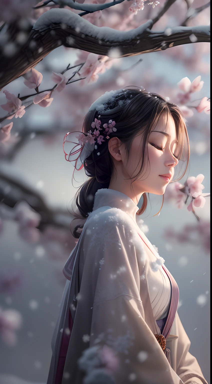 （illustration: 1.3), Sandbox: 1.4, 3D rendering of, , (Beautiful side face，closing her eyes:1.3), (Representative work plum blossoms:1.2)(Masterpiece snow:1.2) , Colorful, Best quality, Detailed details, Masterpiece, offcial art, movie light effect, 4K, Chiaroscuro , Flash