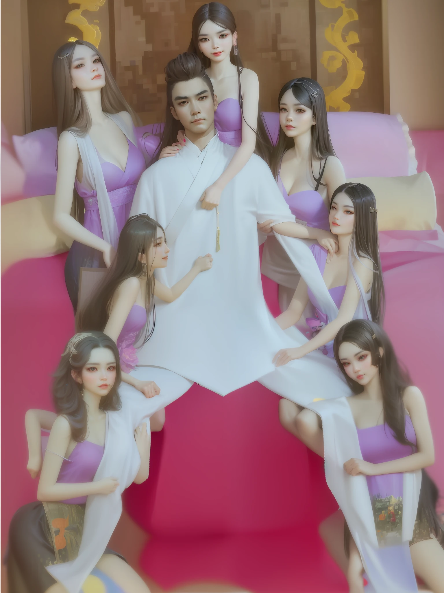 there are many people posing on a bed with a man, yanjun chengt, inspired by Wu Bin, inspired by Yanjun Cheng, (((luke chueh))), artwork in the style of guweiz, guweiz, lu ji, maxim sukharev, ruan jian, inspired by Wang Zhenpeng, donglu yu, guweiz masterpiece