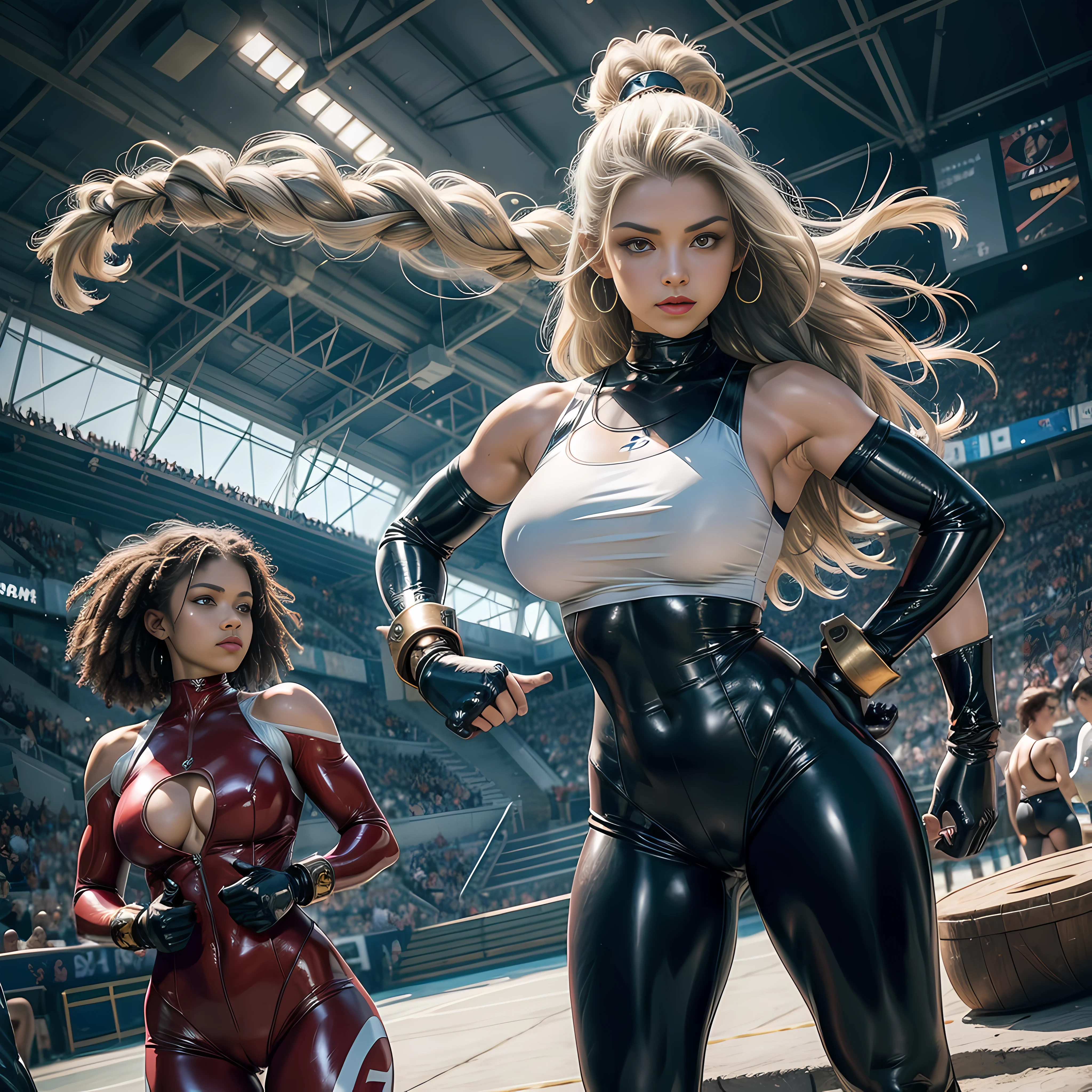 (perfect anatomy), (sports body), (big breastes), (thick-thighs), (perfect arms), (latex suit ), Pointed bracelets, looking a viewer, (Medium full-frame photography), (Background of the battle arena), (White dreadlocks)