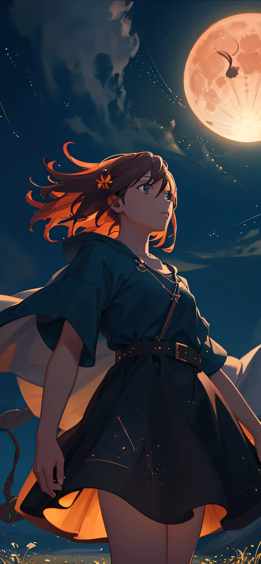 A wide landscape photo, (viewed from below, the sky is above, and the open field is below), a girl standing on a flower field looking up, (full moon: 1.2), (meteor: 0.9), (nebula: 1.3), distant mountains , Trees BREAK Crafting Art, (Warm Light: 1.2), (Firefly: 1.2), Lights, Lots of Purple and Orange, Intricate Details, Volumetric Lighting BREAK (Masterpiece: 1.2), (Best Quality), 4k, Ultra Detailed, (Dynamic Composition: 1.4), Rich in Detail and Color, (Rainbow Color: 1.2), (Glow, Atmospheric Lighting), Dreamy, Magical, (Solo: 1.2)