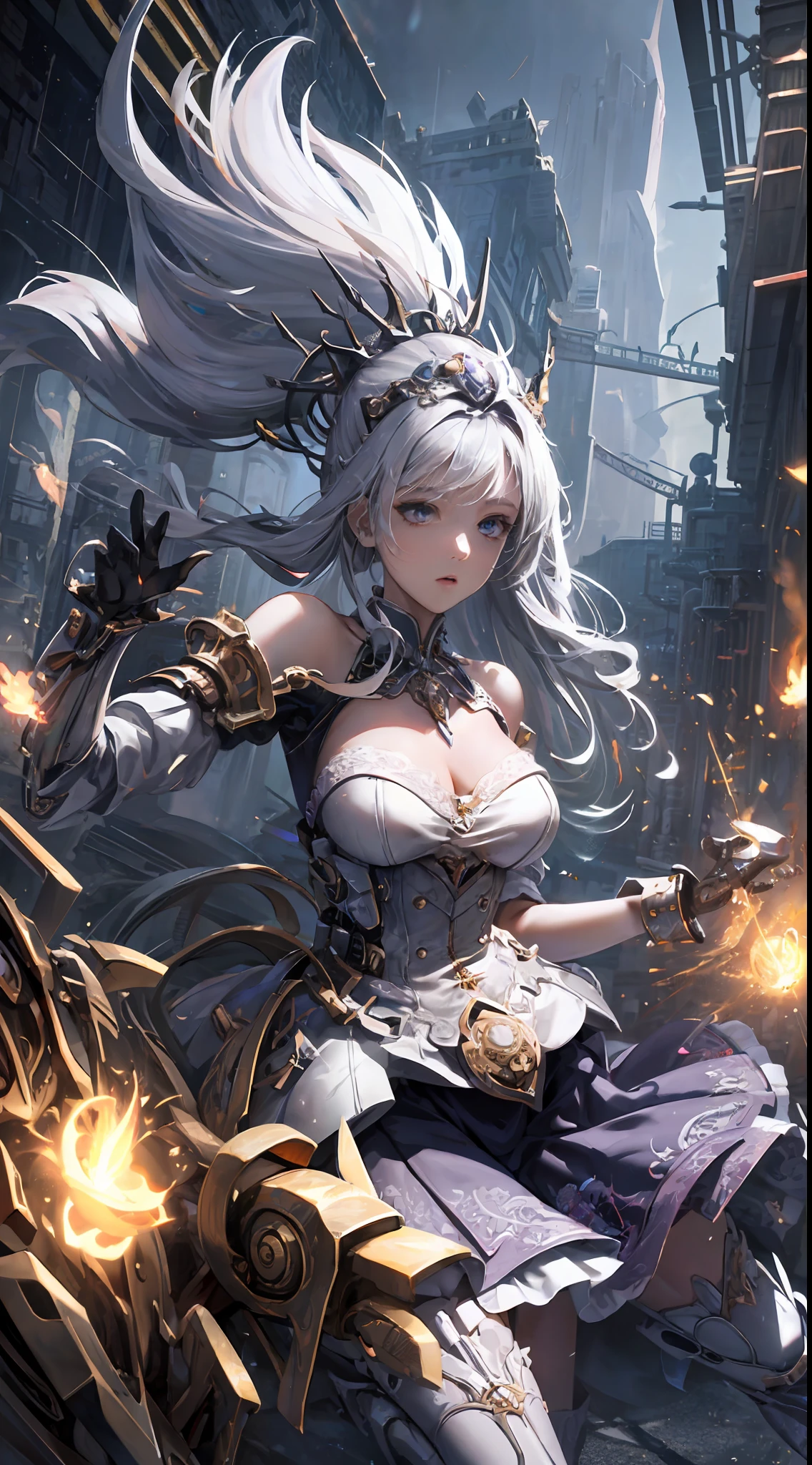 ((Super best quality)), ((Very Masterpiece)), ((super detailing:1.4)), ((3d ultrarealistic)), Dragon warrior girl, Mechanical body, Dynamic action poses in battle scenes, Mechanical weapons of very complex and heavy fighters, Off-the-shoulder fashion blended with detailed and intricate steampunk and detailed Gothic ta, Complex steampunk headgear, very thin long legs, mechanical boots above the knee, Fluttering lace flared miniskirt, upturned and beautiful small breasts,Fairly long vertically curly silver hair flutters in the wind,countless shining large spheres flying around,many sparks crossing and splashing,Countless neon signs rained down from the gesture that evoked magic,steampunk factories,Intricate and precise mechanical ruins,very dark night backgrounds,Very dramatic and cinematic lighting。