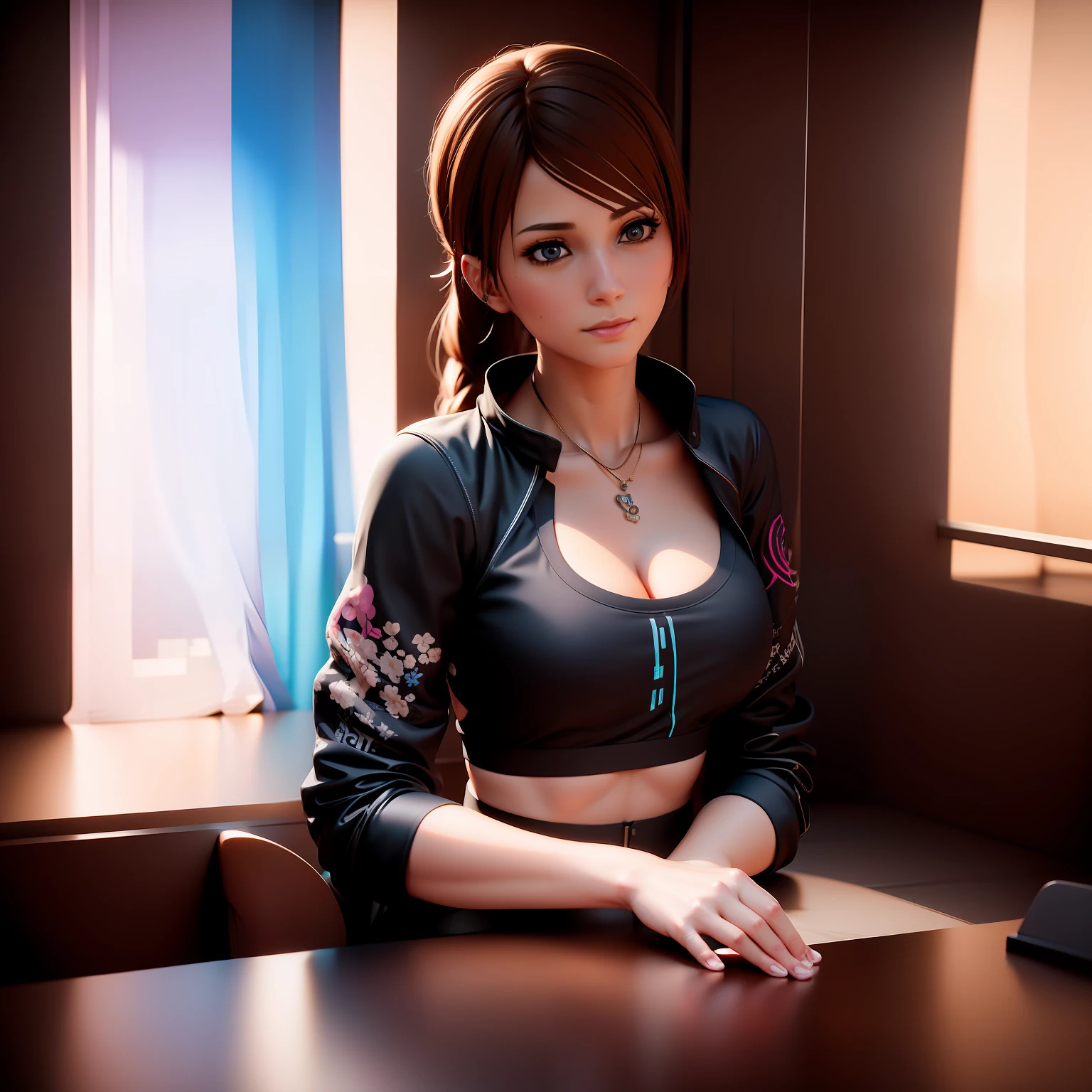 there is a woman that is sitting in a chair in a room, inspired by Ayami Kojima, second life avatar, sitting in her room, chloe price, life simulator game screenshot, upper body avatar, in game, 3 d demo reel avatar, realistic schoolgirl, photorealistic screenshot, realistic self portrait, close up bust shot, she is facing the camera