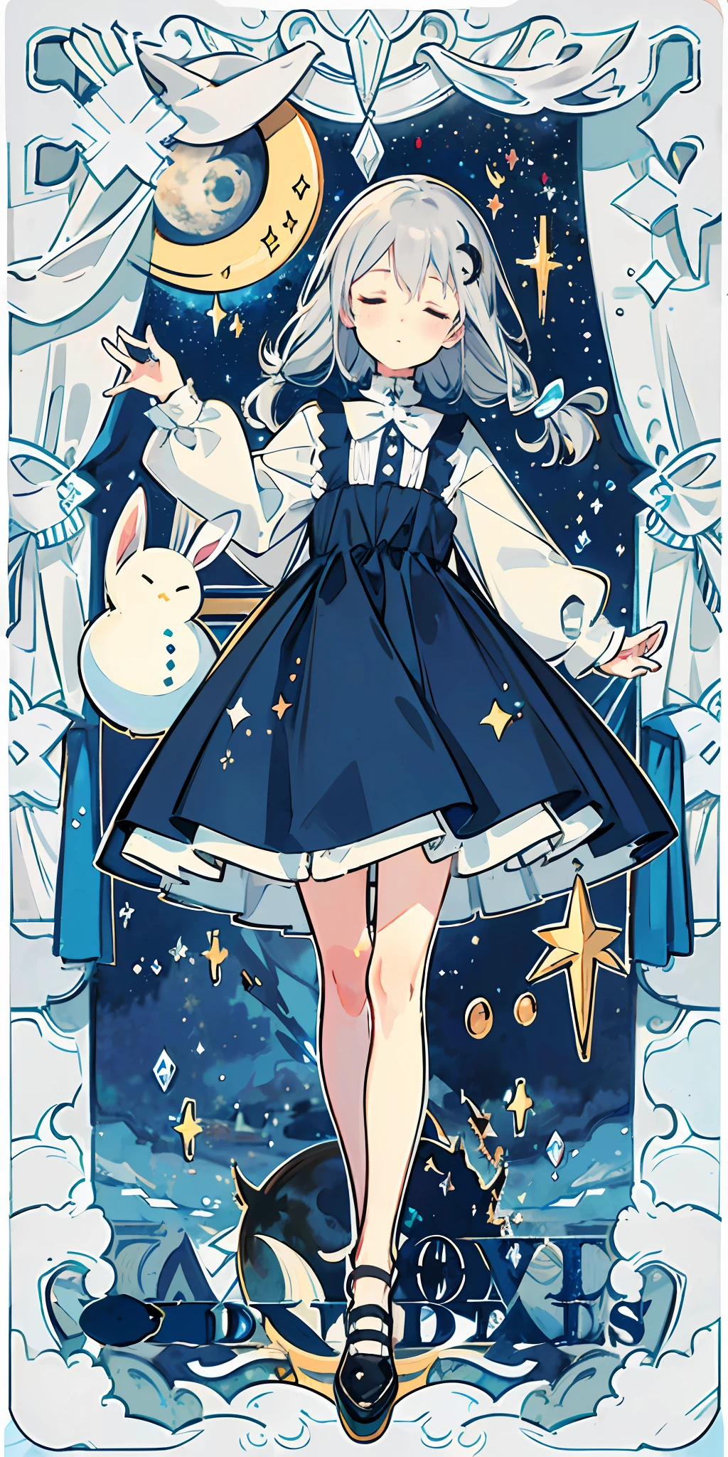 1girl, beaming eighth note, black shoes, blue dress, braid, building, rabbit, christmas tree, closed eyes, clouds, constellations, crescent moon, crescent moon, curtains, dress, full moon, long hair, long sleeves, mary jane, moon, night, night sky, painting (medium), planet, shoes, shooting star, single braid, sky, snowman, space, stars (sky), stars (symbol), starry sky background, starry sky, starry sky print, stuffed animals, stuffed toys, telescopes, traditional media, watercolor (middle), gray hair, white legs, windows