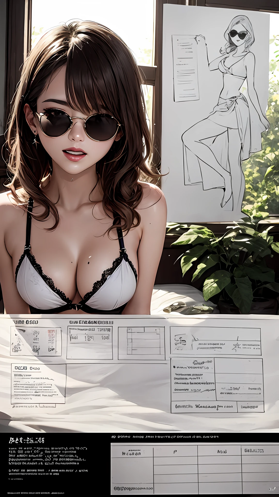 (Character Sheet:1.3), (Reference Sheet:1.2), (Concept art:1.3),, (superfine illustration:1.2),8K, masutepiece,Best Quality,Hyper Detail ED,Beautiful, Scenery, photograph, Vivid Color,Summer,sun beam, Lens Flare,In Hawaii,Beach,Sun flower, (Flat color:0.3) break

1 girl,Solo,Cute, age, (Chibi:0.2), (ultradetailed eyes:1.1), (Hair over one eye:1.1), mole under right eye,Double Tones,Pink lips,Cute Star Earrings, medium breasts, slender, (Sunglasses:1.2),komono, (white frilled bikini:1.1), (Red trim:1.1), sarong, Looking at Viewer, Wet body, Wet clothes,water dripping, Laughing,;D Negative Prompt: Easy Negative, (worst quality, low-quality:1.4), low resolution, low-quality, negativehand-neg,Bad anatomy,6 fingers,Extra fingers, fewer fingers, Missing fingers,Extra arms, Less arms,Missing arms,Extra legs, few legs,Extra legs,Text,Logo,watermarked