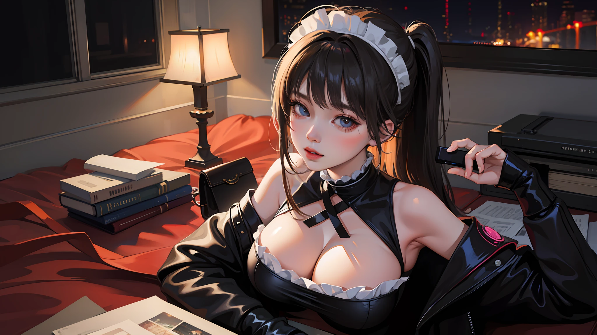 ​masterpiece, top-quality, 超A high resolution,(photographrealistic:1.4),((1girl in)), The upper part of the body, Close-up of a shot of the face, big eye, Colossal tits, cleavage of the breast, Maid costume with a lot of frills, cute little, 年轻, the pose, looking at the viewers, cyberpunked, nightcity, criss-cross,A sexy,a room