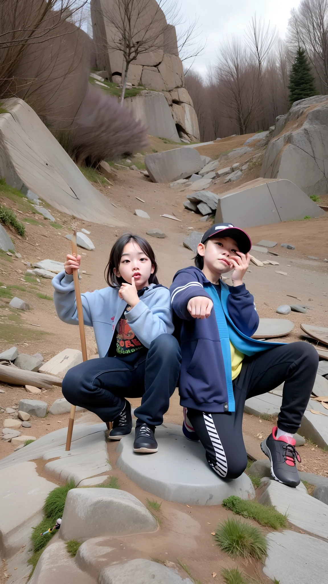 There were two children sitting on a rock with sticks, kid, Ruan Jia and Fenghua Zhong,onthe mountain, Very, very high quality pictures, Gamine, Children, ruan jia and brom, jinyiwei, fun pose, with a , artistic pose