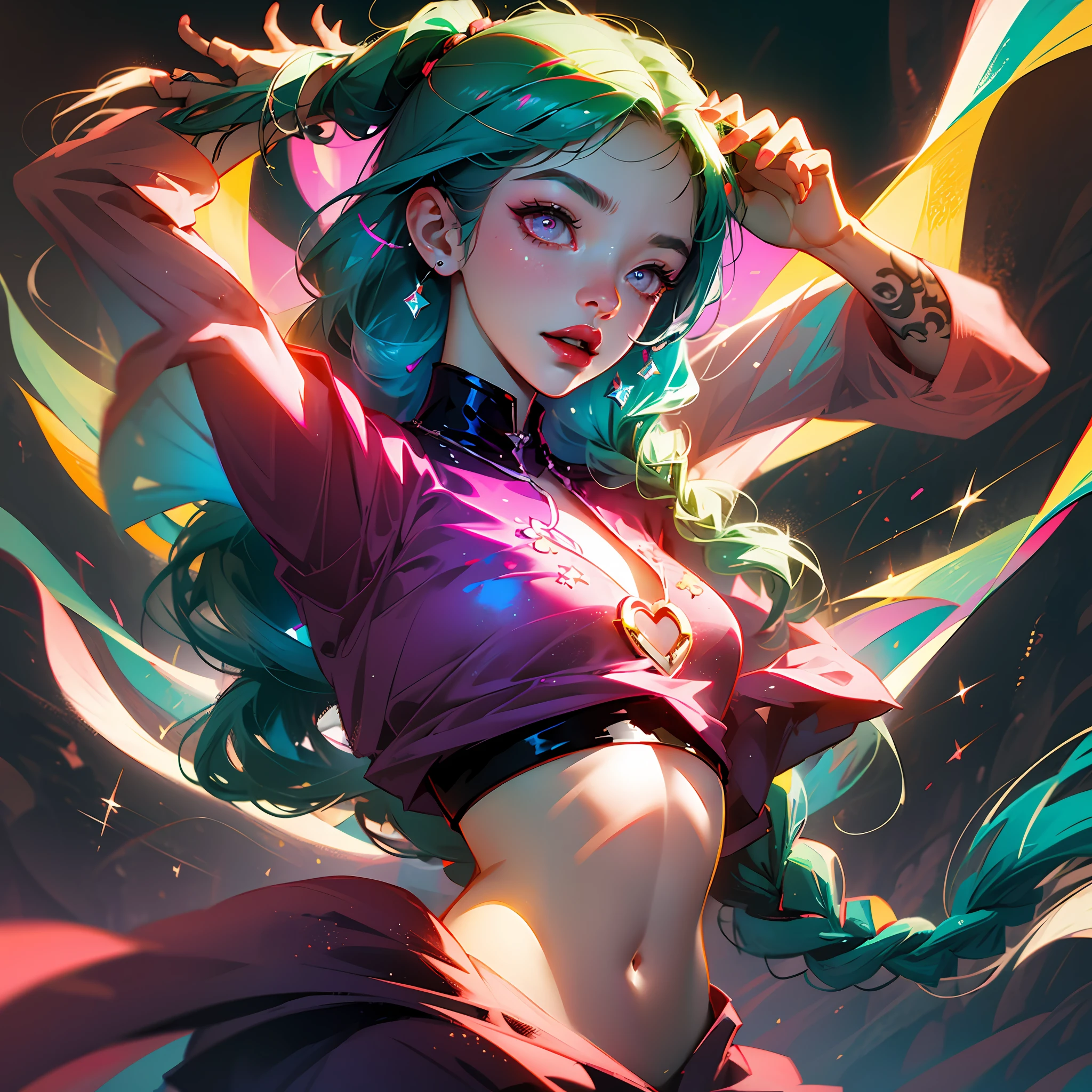 arcane style,

1girl, arm tattoo, asymmetrical bangs, bangs, blue hair, braid, brown shirt, cloud tattoo, looking at viewer, laughing, crazy, uncontrollable laugh, mad look, night, city, green hair, long hair, midriff, pink eyes, red lips, shirt, solo, standing, tattoo, twin braids, upper body, arcane jinx, jinx \(league of legends\) --auto --s2