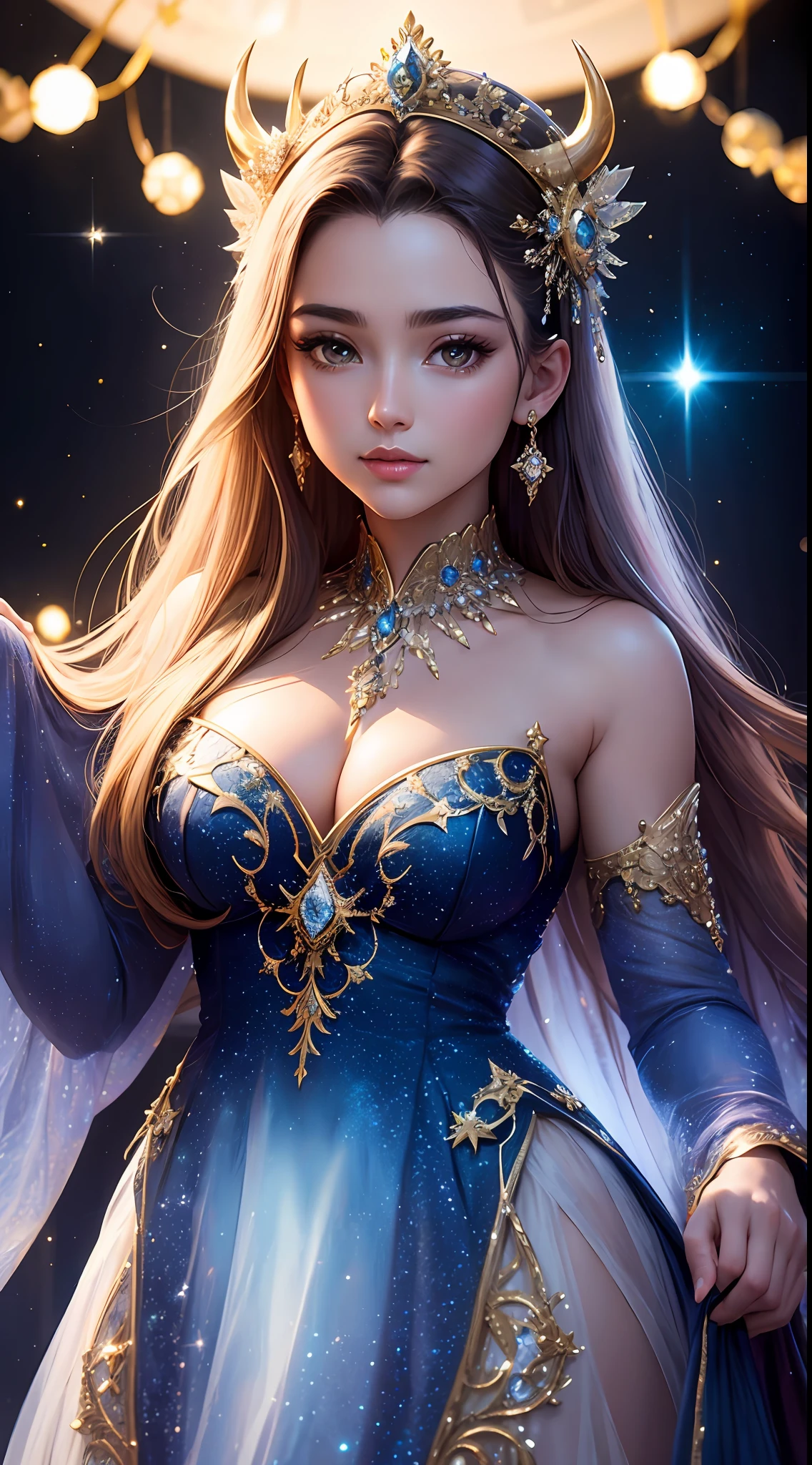 (best images quality),(Extremely detailed description),(Movie lighting),(Taurus:1.5),Beautuful Women(golden taurus),(Very detailed details of the face),(A small Taurus appears:1.5),Blue starry sky,(An astrolabe pattern appears in the background:Depth of field effect),rays of moonlight,As estrelas(Twinkle),universe background,garments(blingbling),(tmasterpiece),(Spectacular effect)