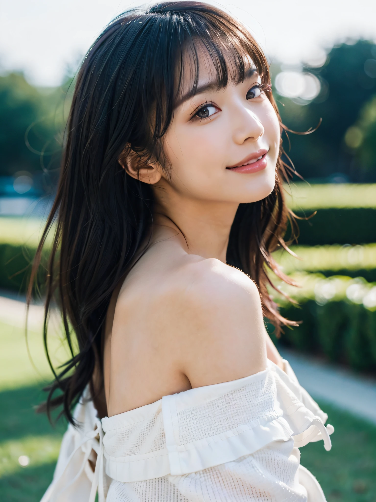 (Best Quality:1.2, 8K, Sharp Focus, master piece: 1.2, Cinematic Light, extremely details CG, beautiful Girl, reality, Detailed face textures, Realistic skin, beautiful makeup, Detailed bangs)), (depth of fields), Bokeh background, Head tilt, Smile, closes mouth, shiny black long hair, Cowboy Shot, white bare top mini dress, jacket off shoulder, from side, wind