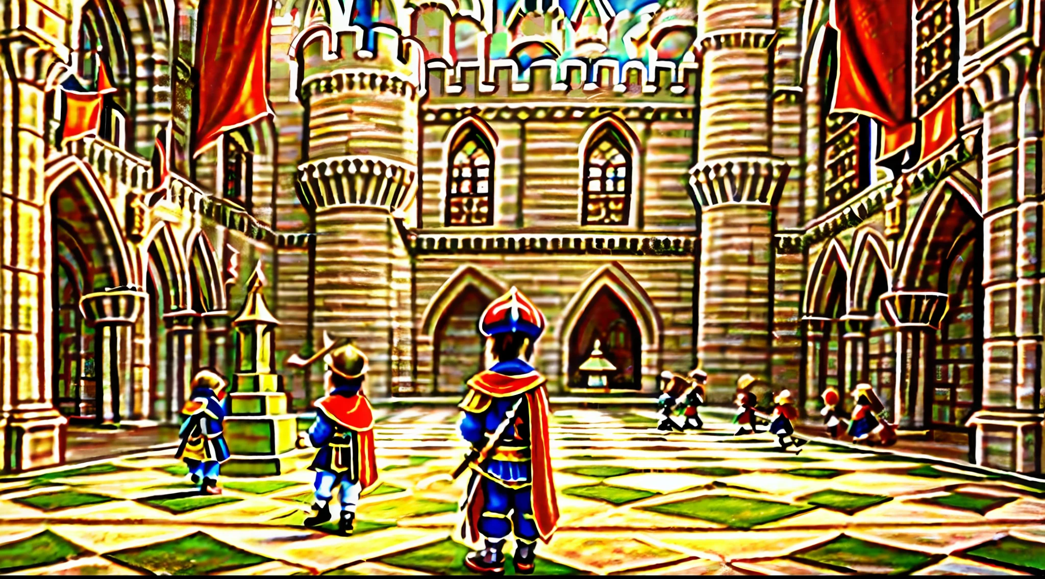 In a medieval age realm, a 7-year-old boy named Rog lived calmly with his dad, King Nufer, within the towering walls of a majestic castle. The digital view reveals the castle's grand courtyard, where knights practice their swordplay and court jesters entertain the young prince. Rog, with his human-like figure, dons a tiny knight's armor, mimicking the brave warriors around him. The high graphic, HD image captures the medieval architecture, tapestries, and the charming innocence of childhood in a regal setting,--ar-- 16:9.