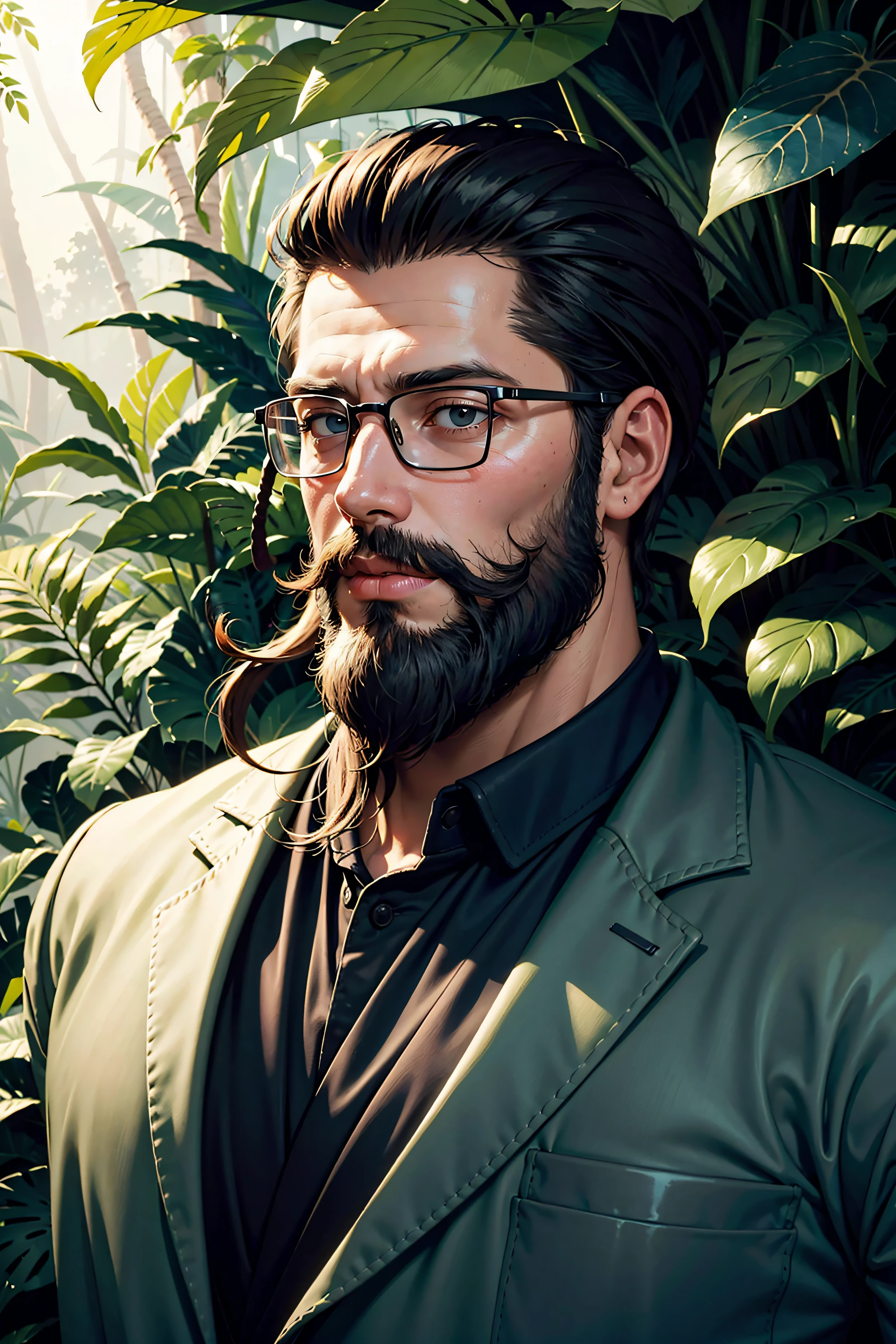 Masterpiece, award winning portrait of a bearded hipster explorer in a Jungle by Syd Mead, cold color palette, muted colors, detailed, 8k