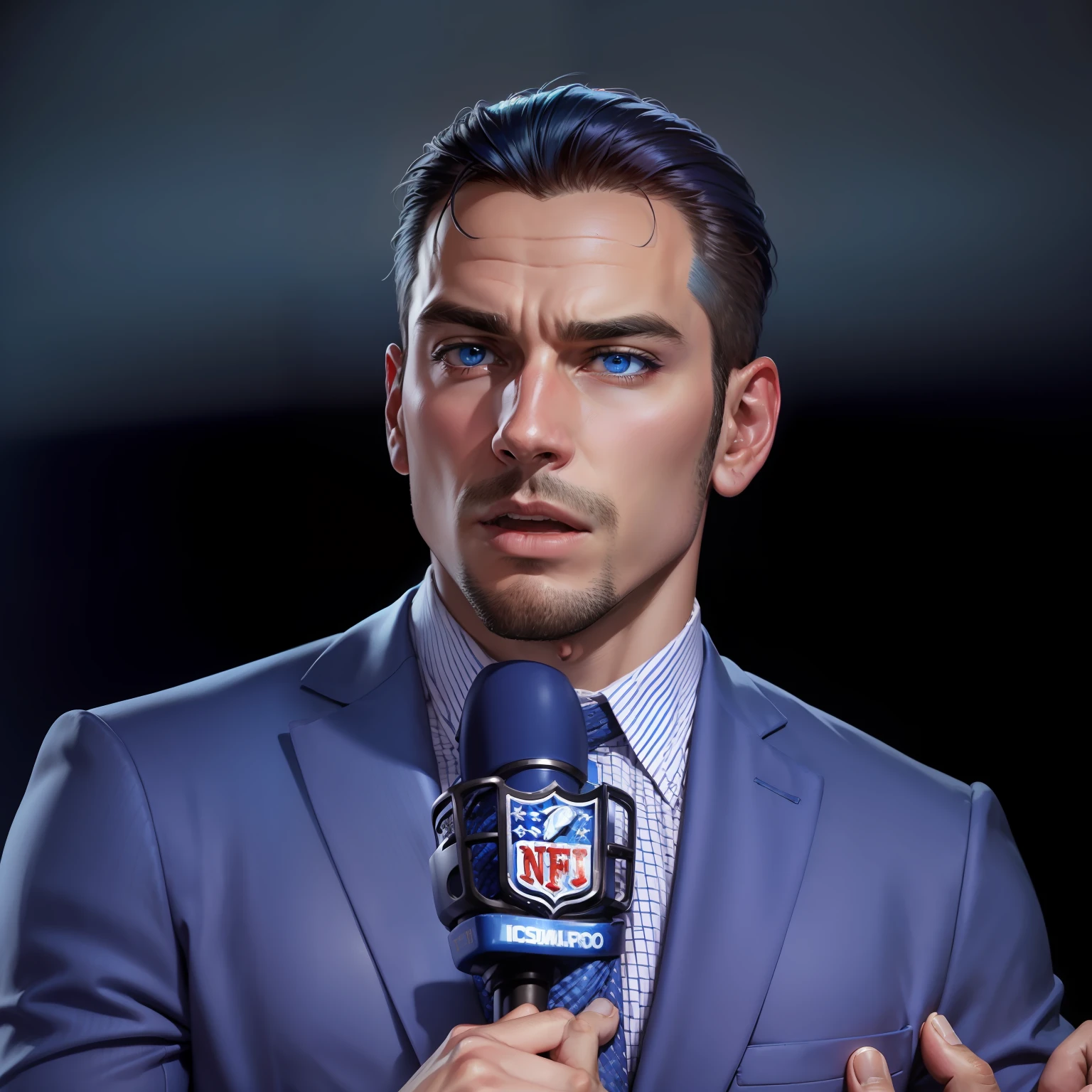 (Homem de terno azul segurando um microfone da NFL:1.2), glow lighting effect, fundo desfocado, expression serious, microfone com logotipo da NFL, pose confiante, qualidade excepcional, sharpened details --auto