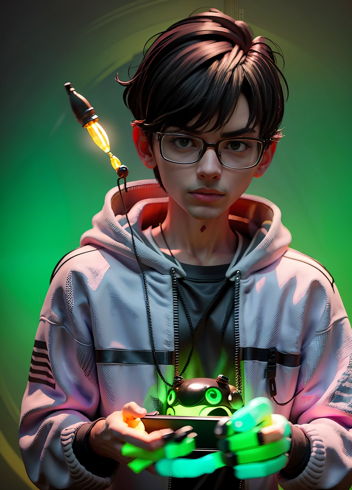 character, a skinny young man wearing glasses and sweatshirt, use a cellphone on internet, with dark hair, short hair, lighting details, anime-style with defined strokes, dark background with green lights, 8k, uhd, severe low lighting, high quality, sharp focus, fujifilm XT3