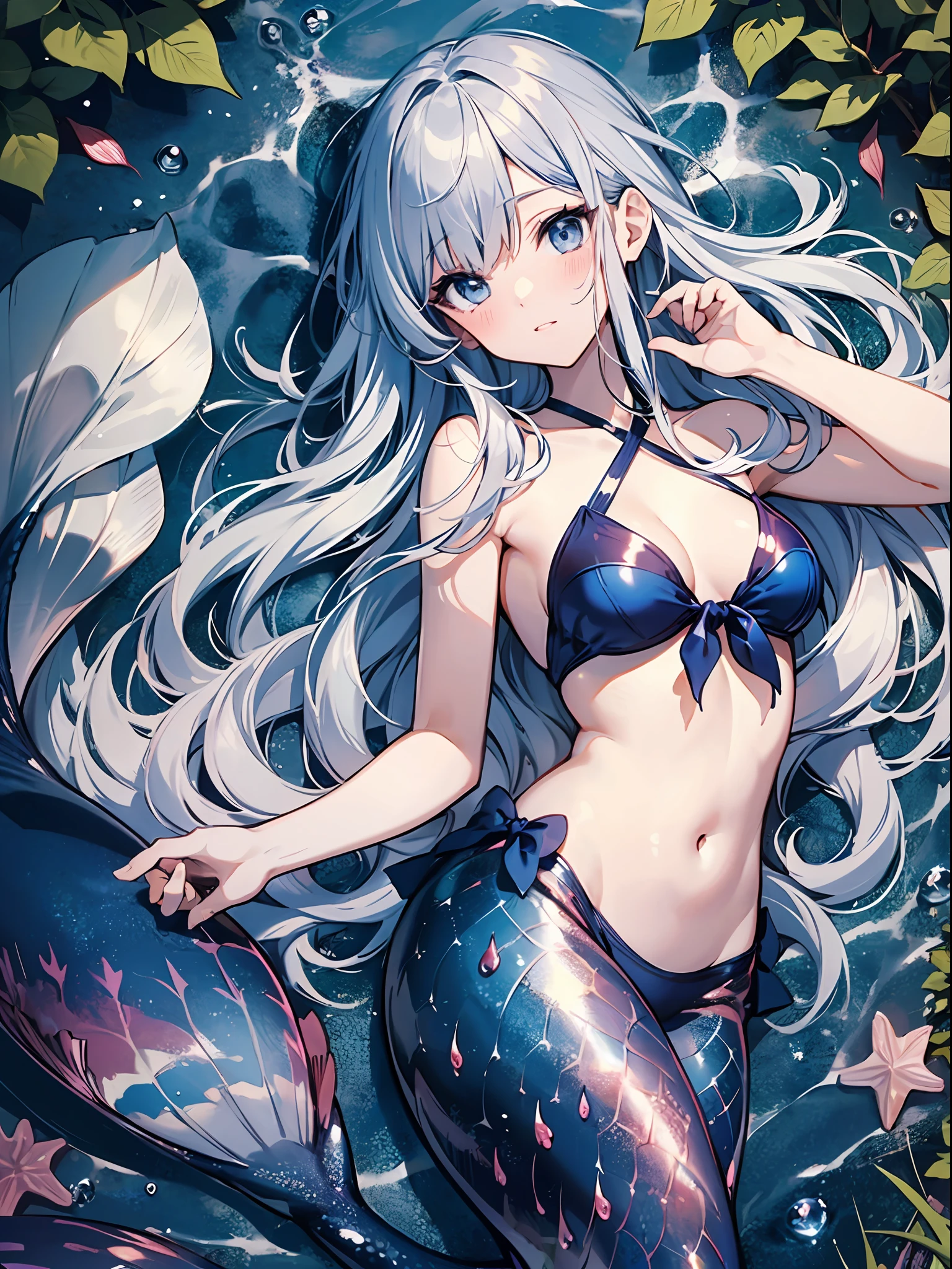 mermaids、high-level image quality、top-quality、Detailed drawing、Does not blush cheeks、Slender beauty、Docile、mermaid、Little Mermaid、Sailorsk swimsuit、Small eyes、Smaller chest、Contrasty