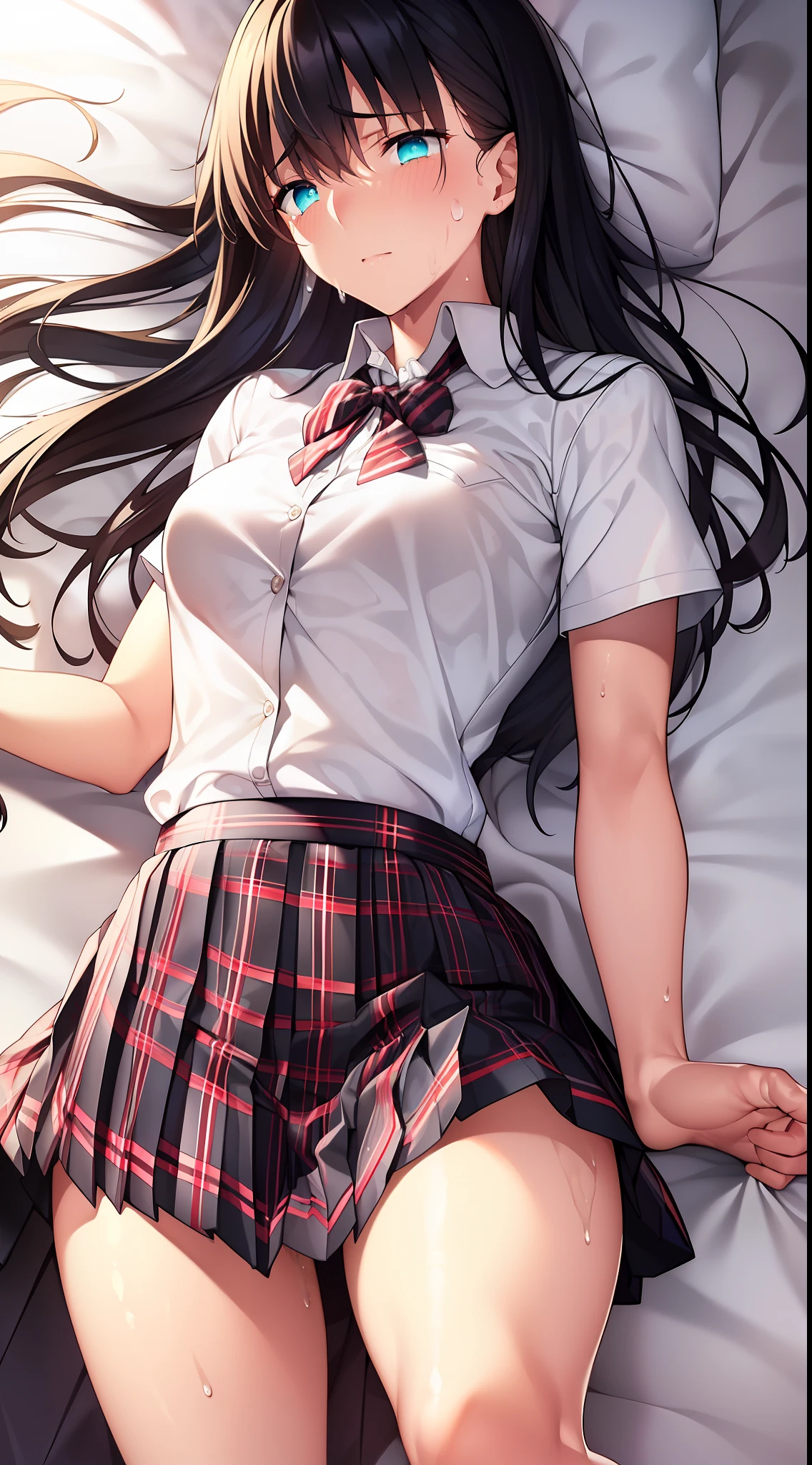 {{{beautiful}}}, amazing, (best quality:1.5), (masterpiece:1.5), extremely delicate and beautiful, intricate details, finely detailed, extremely detailed, beautifully detailed, ultra-detailed, (hyperdetailed:1.5), high resolution, (illustration), watercolor pencil, Clear line drawing, (ufotable style:1.1), (ufotable screen cap:1.1), anime coloring, anime screencap, (latest picture), backlighting, dynamic angle, glow, depth of field, {{{body satisfaction}}}, (body with a good balance of style:1.5), (slender figure:1.5), perfect body, perfect hands, perfect feet, (two arms:1.2), (two legs:1.2), (five fingers each:1.2), (perfect joint:1.2), perfect joint movement, beautiful detailed eyes, (detailed eyes:1.5), finely detailed eyes, perfect anatomy, full dissection, perfect composition, correct limbs, balance and coordination in all things, realistic:0.5, precise fingers and hands, (finely drawn hair:1.5), {{{cool girl}}}, (black hair:1.3), (semi-long hair:1.3), (straight hair:1.3), bangs, (cyan eyes:1.3), (medium breasts:1.3), (small-sized buttocks:1.3), {{{Bedroom}}}, (bed:1.3), indoors, {{{school uniform}}}, (white collared shirt:1.5), white shirt, breast tent, (checkered pleated skirt:1.5), checked skirt, pleated skirt, (unbutton one's first button:1.2), (without ribbon:1.2), {{{blush}}}, shy, (sweat:1.5), (teary eyes:1.7), (ecstasy:1.5), gasping face, (ecstasy face), (white liquid drips between her legs and down her thighs:1.5), {{{masturbation}}}, female masturbation, masturbating, fingering, (solo:1.5), self-love, self fondle, 1girl, clothed, (white panties:1.2), (missionary position:1.5), (lying:1.5), (lie on the bed:2.0), missionary, missionary pose, supine position, push down, on back, fpov, lying_bustup_shot,