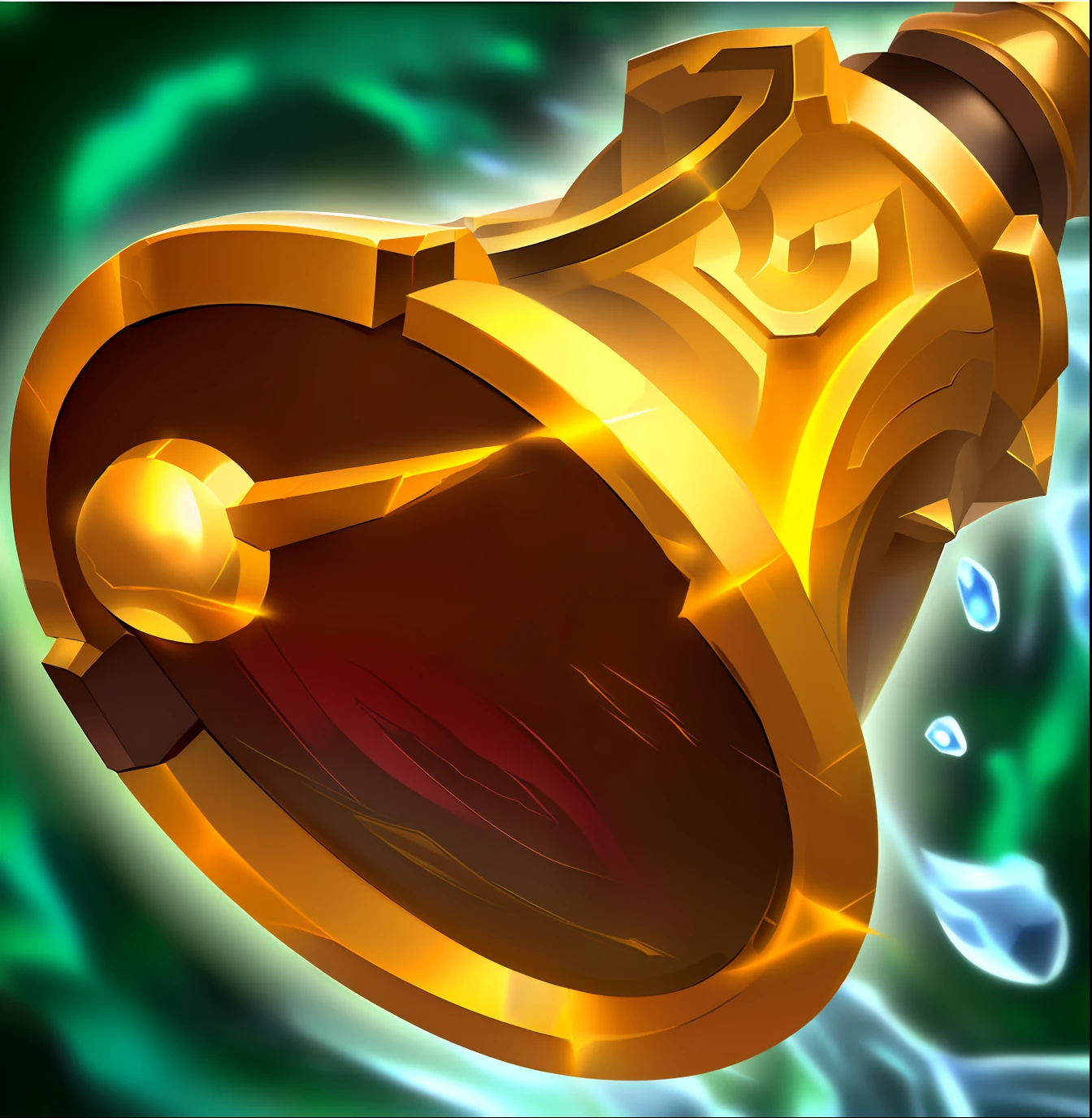 Close up of gold bells on green background, Li Zixin, warcraft blizzard weapon art, Splash Art, world of warcraft spell icon, hearthstone weapon art, horn, jinyiwei, league of legends inventory item, zmonzheng, wild rift, bian lian, game icon stylized, lei min, inspired by Zhao Zuo, tian zi