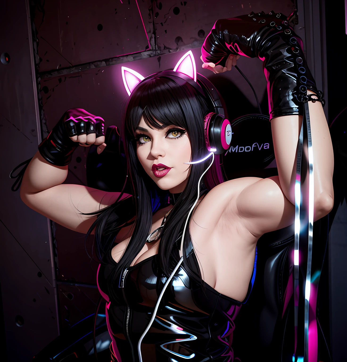 there is a woman in a black cat costume with headphones on, portrait of a goth catgirl, wearing cat ear headphones, holding a pudica pose, black hair black cat ears, wearing cybernetic bunny ears, tifa lockhart, glamorous tifa lockheart, portrait of tifa lockhart, cat girl, muscular! cyberpunk, dominatrix, thicc