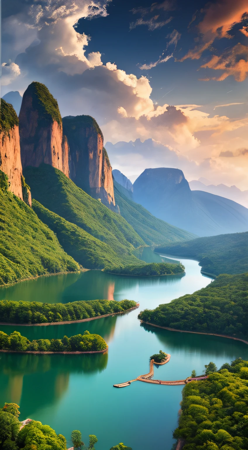 Masterpiece, ultimate quality, Cg unity 8k wallpaper, super delicate, beautiful sky and clouds, rich natural scenery, cliffs, lakes and rivers, waterfalls and flying water, beautiful green mountains, no trace of people, excellent scenery, has already won a photo contest, background Blurring, full depth of field, HDR high dynamics, true restoration, intricate, extreme details, dramatic presentation, perfectly presenting the style of midjourney art.