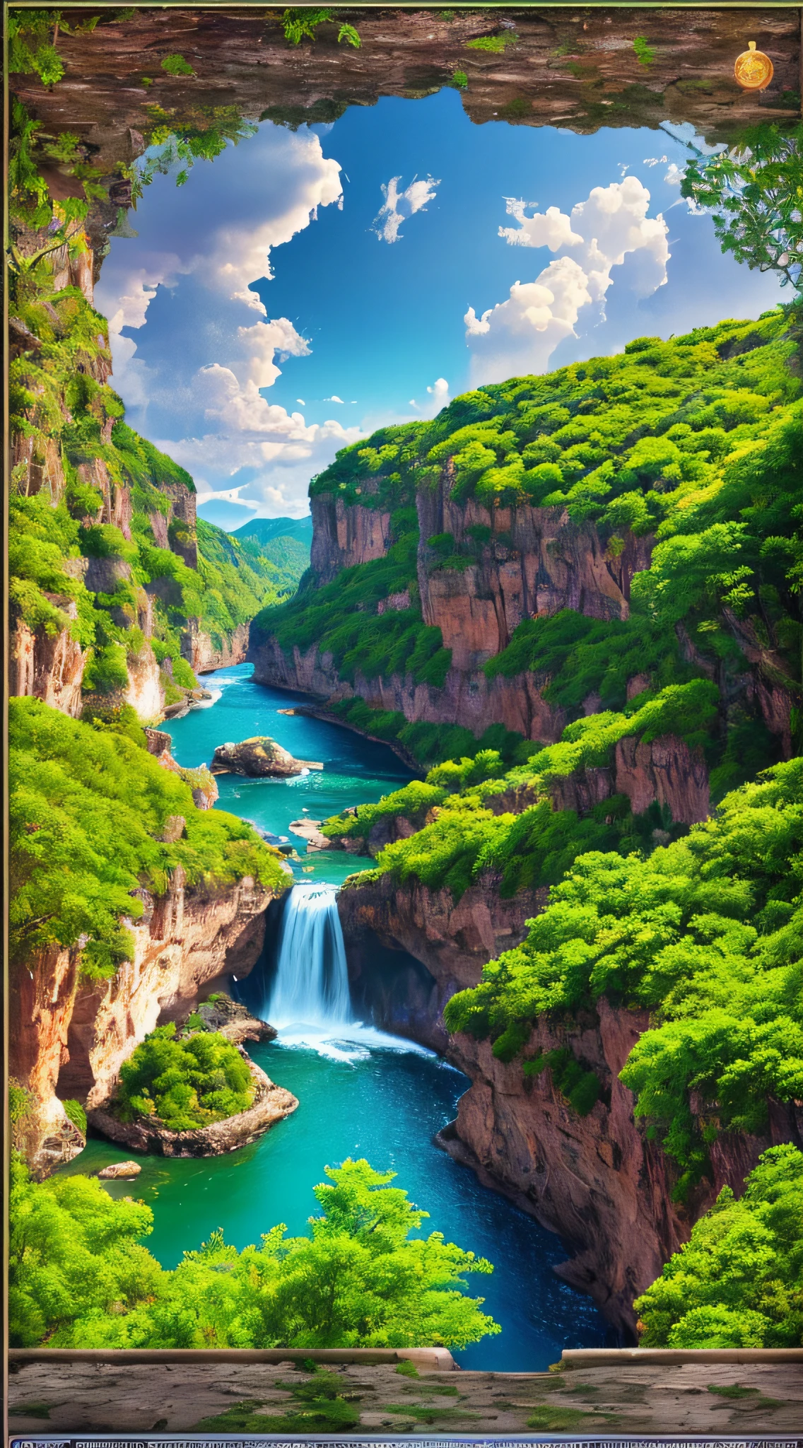 Masterpiece, ultimate quality, Cg unity 8k wallpaper, super delicate, beautiful sky and clouds, rich natural scenery, cliffs, lakes and rivers, waterfalls and flying water, beautiful green mountains, no trace of people, excellent scenery, has already won a photo contest, background Blurring, full depth of field, HDR high dynamics, true restoration, intricate, extreme details, dramatic presentation, perfectly presenting the style of midjourney art.