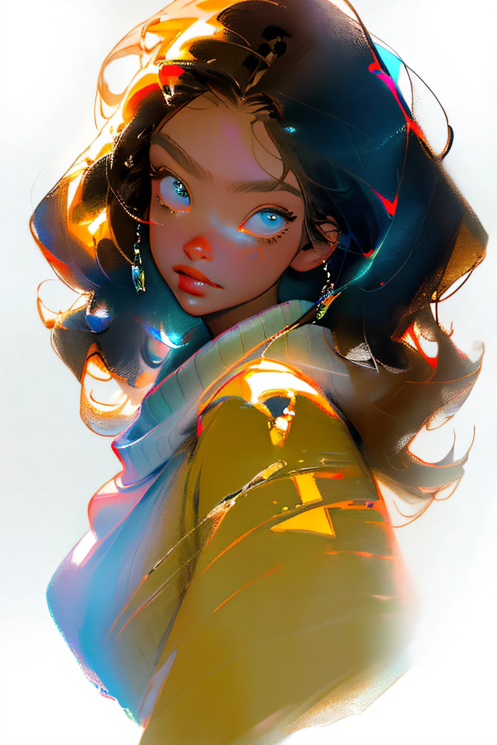 with light glowing， tmasterpiece， best qualityer， tmasterpiece，best qualityer，mtu，brunette color hair，oil painting portrait，Sweaters，simple backgound