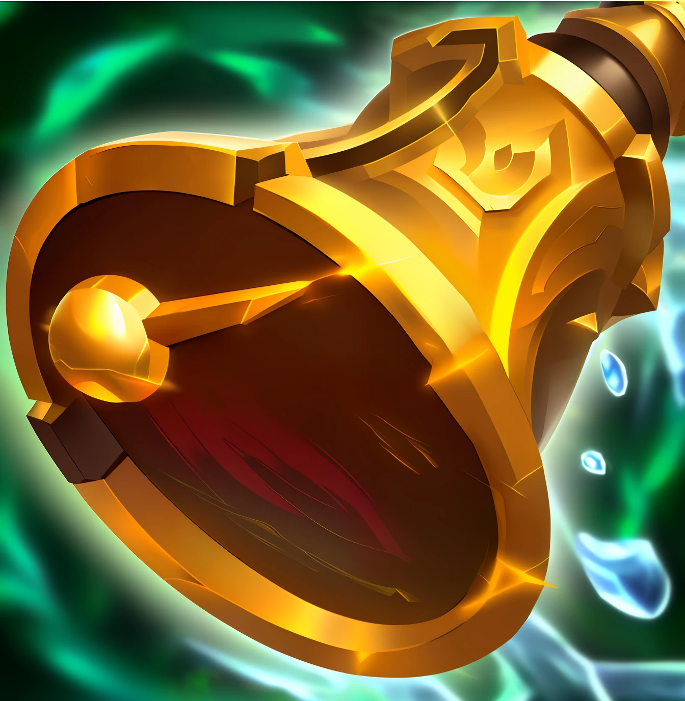 Close up of gold bells on green background, Li Zixin, warcraft blizzard weapon art, Splash Art, world of warcraft spell icon, hearthstone weapon art, horn, jinyiwei, league of legends inventory item, zmonzheng, wild rift, bian lian, game icon stylized, lei min, inspired by Zhao Zuo, tian zi