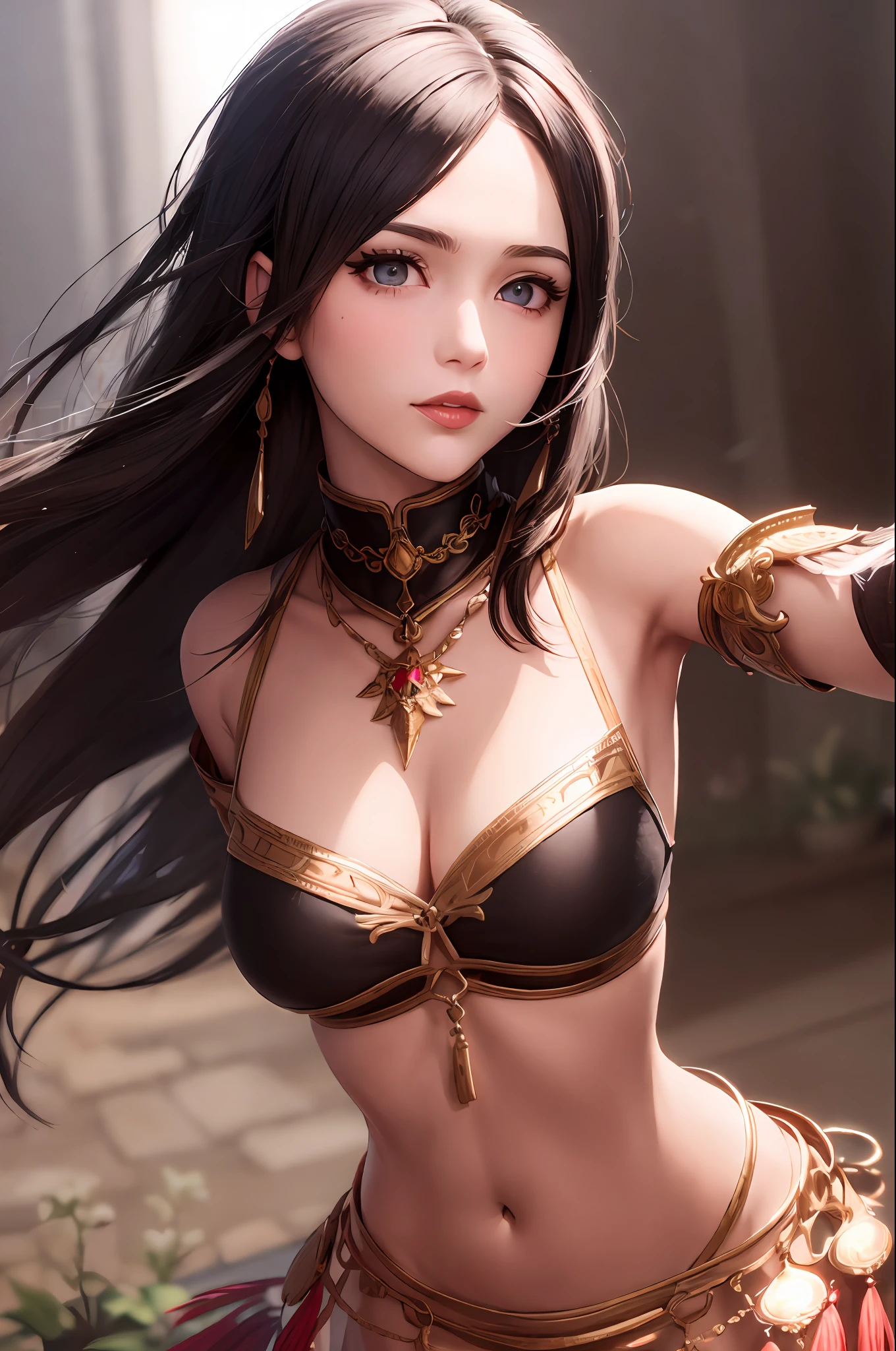 (masterpiece:1.2), (best quality:1.2), perfect eyes, perfect face, perfect lighting, 1girl, mature female dancing in a tavern, long hair hair, (dark-skinned), dnc_glam, silk, jewelry, fantasy, detailed background