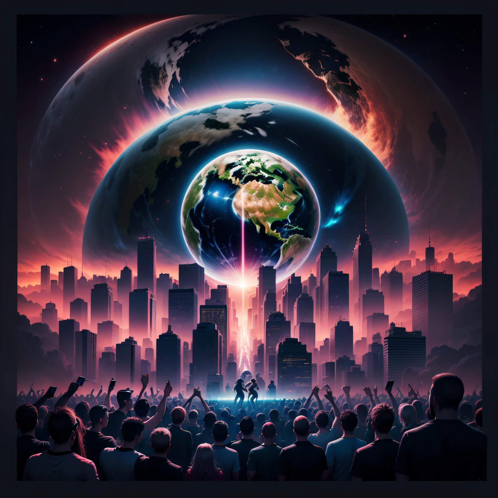 Album cover, masterpiece, super hight resolution, detailed background, night club background with crowd of people dancing, neon lighting, hip-hop trap atmosphere, earth like planet in the center of the frame, visible night cities lighting the planet.