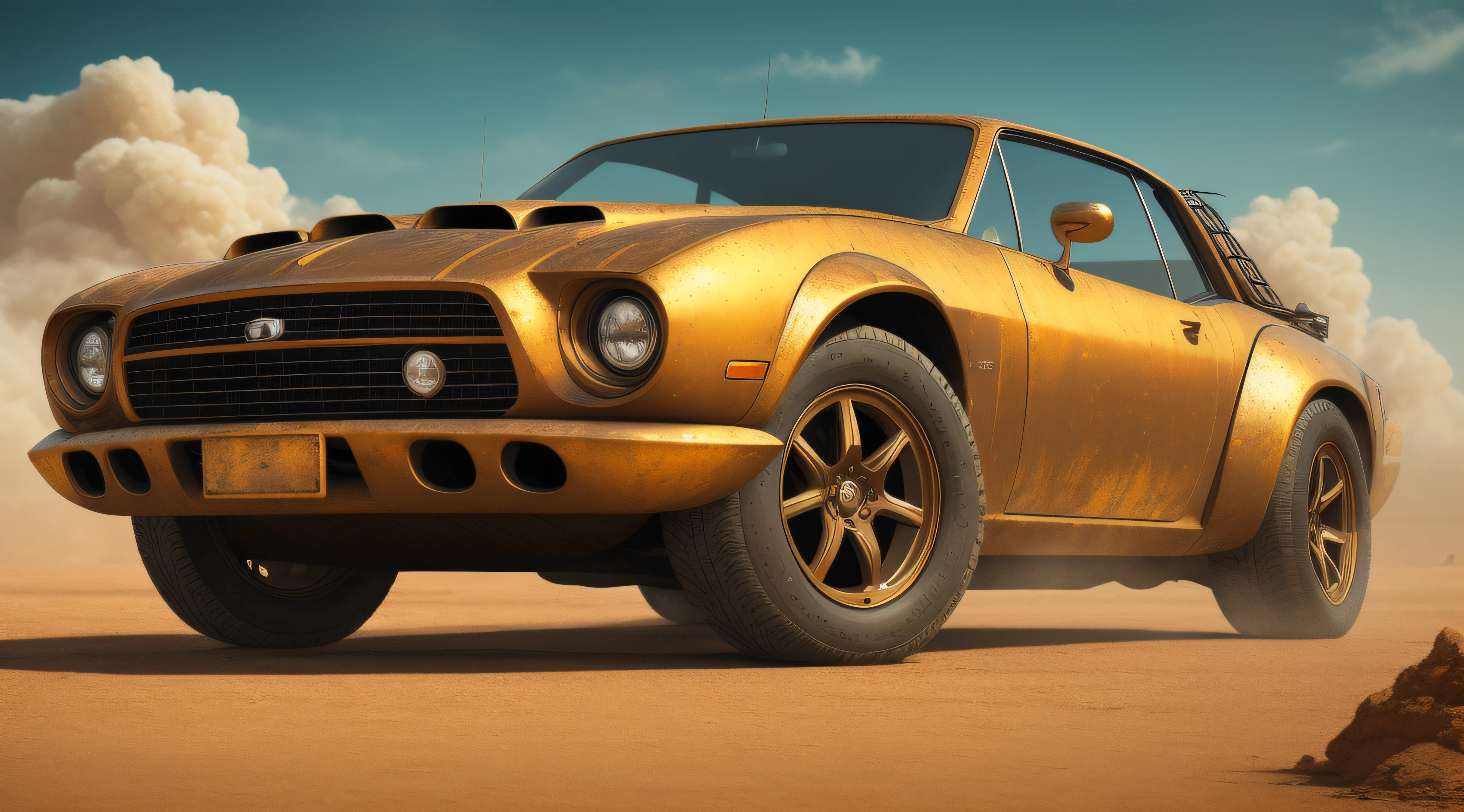 Futuristic car made of alloy, madmax, battle car, guns attached to front, fully detailed, shining metal, smoke, textures, add grains, sureal retro city background, mixed digital art technique, digital painting, ultra smooth, fluid, 3d fractals, light particles, smooth, 16k, sf, complex artistic masterpiece, ominous, matte picture movie poster, golden ratio, trending cgsociety, intricate, epic, trending on artstation, highly detailed, vibrant, ultra-high quality model