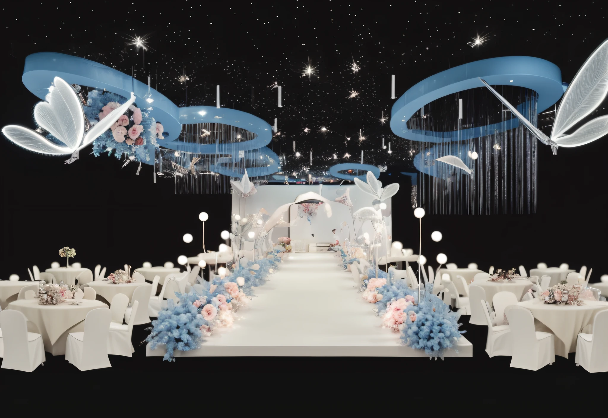 florals,  (photorealestic:1.5), （Good shadows），Good construction，Volumetriclighting，cinematic ligh，（HighestQuali，Award-Awarded，tmasterpiece：1.5），Wedding banquet hall，Wedding design renderings，Clearer，8K，超高分辨率，The theme color is powder blue，Beautifully furnished，3Drenderingof，