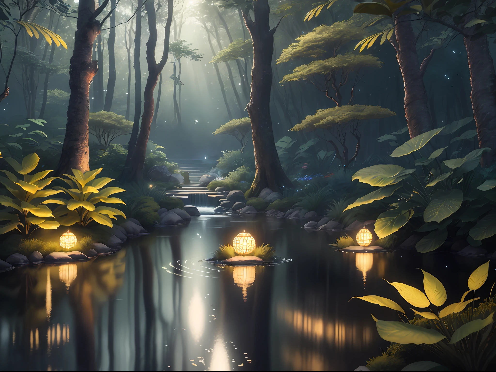Masterpiece, top quality, (highly detailed CG Unity 8k wallpaper), (highest quality), (best illustration), (best shadow), sprites sparkling in swimming pool, drinking water, natural elements with forest theme. Mysterious forest, beautiful forest, nature, delicate leaves and branches surrounded by flowers (natural elements), (jungle theme), (leaves), (twigs), (fireflies), (particle effect), etc. 3D, octane rendering, ray tracing, ultra-detail