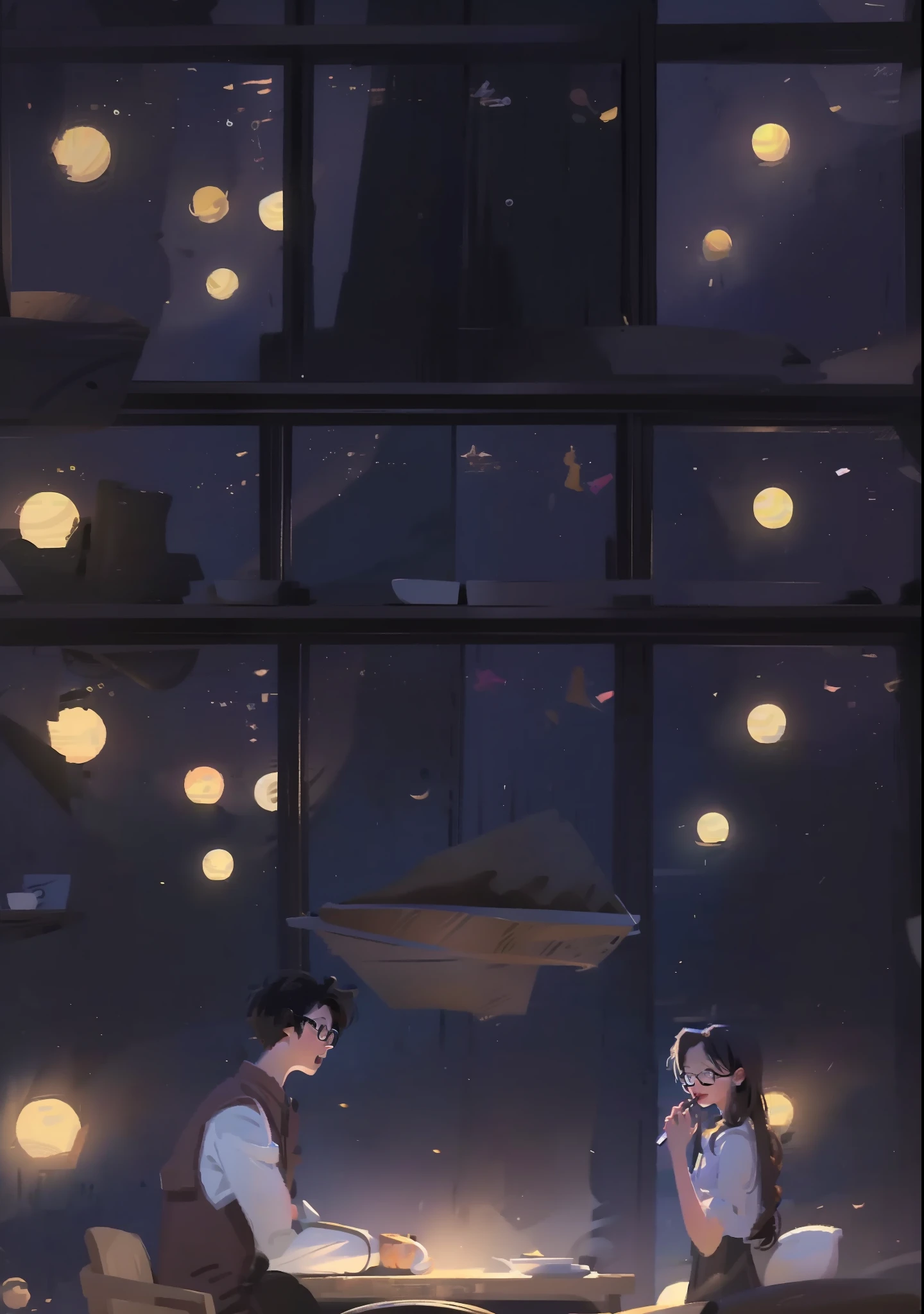 The moon in the distance, the tall buildings glowing at night, blurred,Boys and girls eating,Boy black hair glasses,The girl is wiping her mouth,Warm,dining table,plate,a chair,illustration